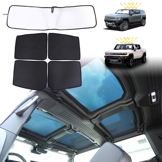 for Hummer EV Accessories Set of 4 Roof Sunshades Won't Sag and 1 Front Windshield Sunshade Compatible with 2024 2025+ Hummer EV SUV Pickup Sun Shade Heat Insulation Film UV Blocking(Foldable)