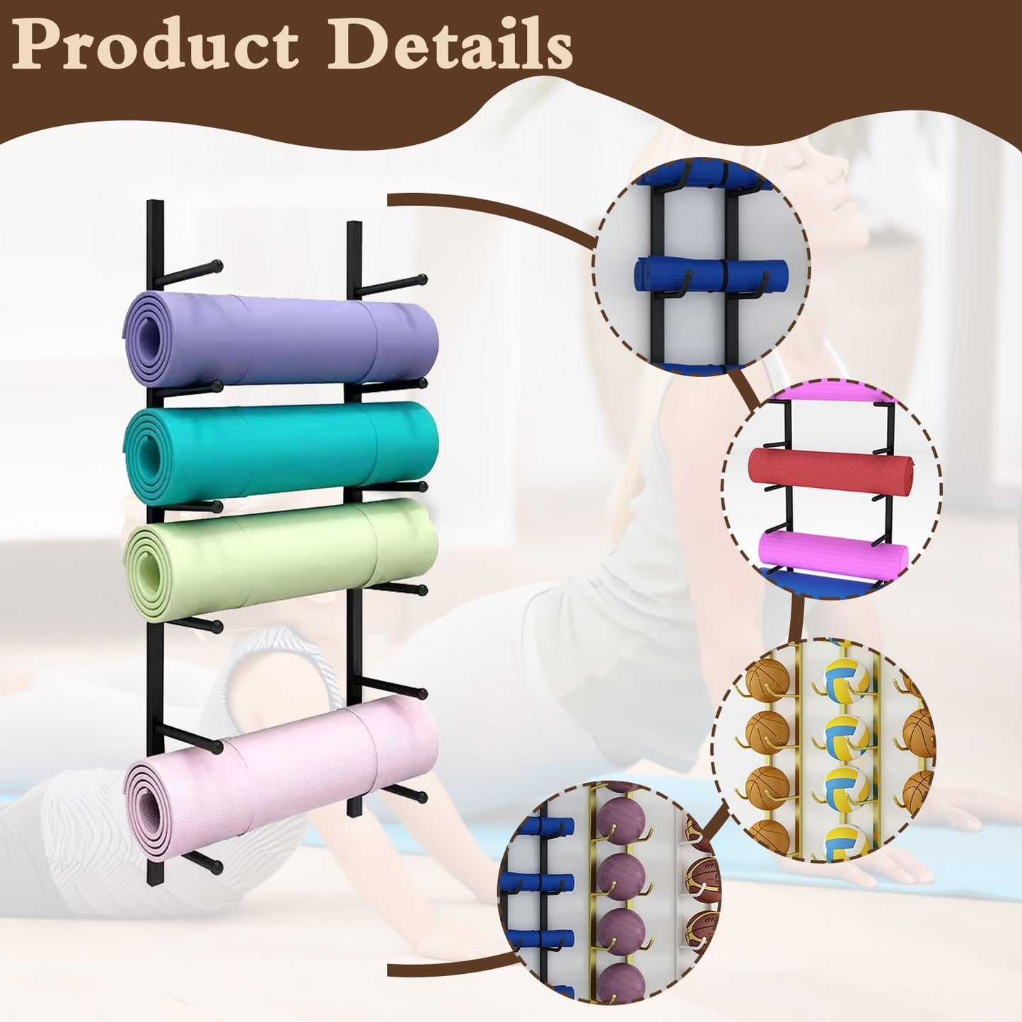 amhricho Yoga Mat Storage Rack, Wall Mounted Yoga Mat Holder, Large Capacity Storage Shelf, Multi-layer Storage, Home Hanging Storage Racks, Suitable for Home, Yoga Studio, Gym, School(Black,4-Tier)
