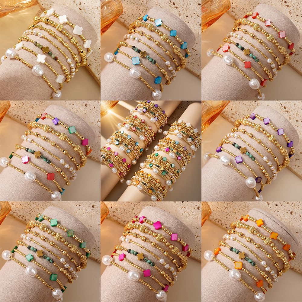 SHINUS BOHO 14K Gold Beaded Red Clover Stackable Bracelets for Women,7PCS/Set Boho Cross Pearl Beads Stretch Bracelets Stack Fashion Holiday Birthday Prom Jewelry Accessories Gift Friendship Sister