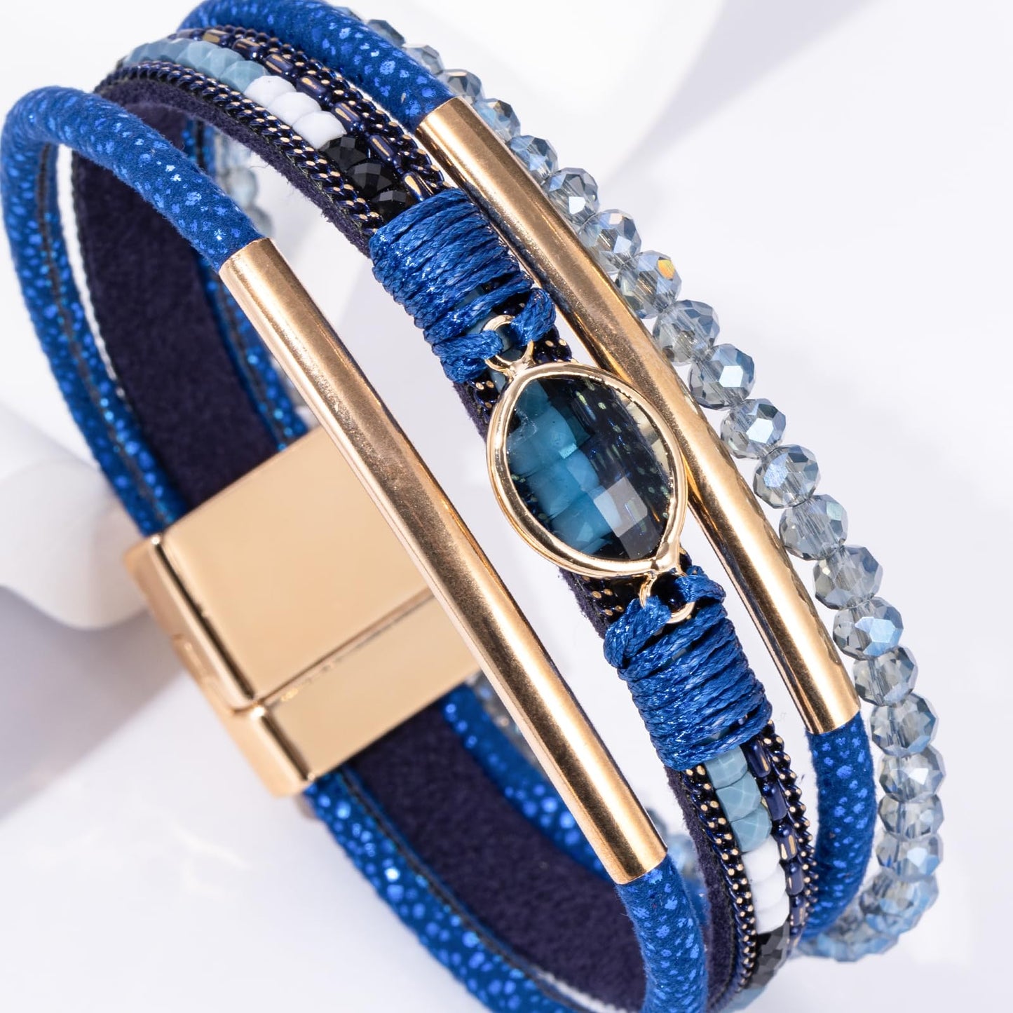Becklynn Boho Leather Wrap Bracelets Beaded Crystal Stackable Cuff Bracelet with Magnetic Clasp Cowboy Cowgirl County Concert Outfits Western Jewelry Gifts for Women(Crystal Navy Blue)