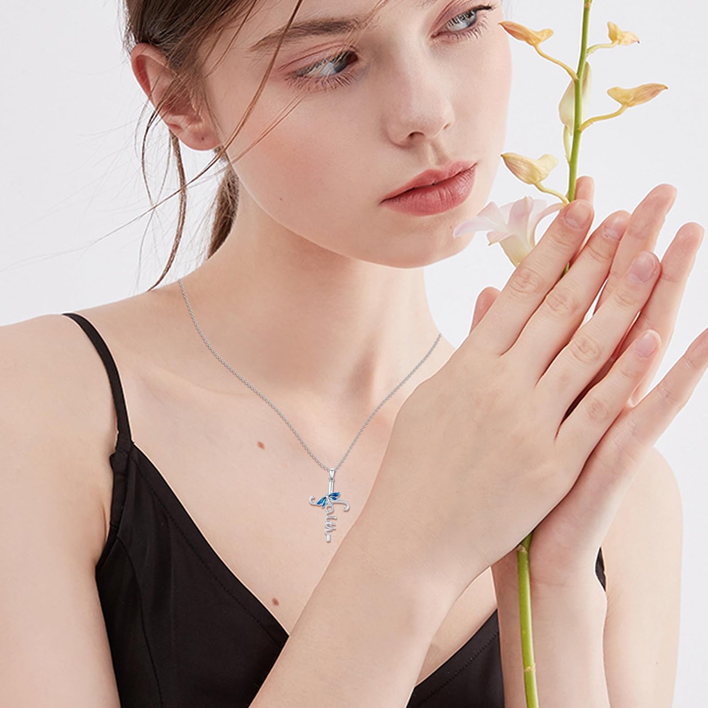 YEESIA Dragonfly Necklace for Women 925 Sterling Silver Faith Cross Necklaces Dragonfly Cross Pendant Religious Jewelry Graduation Birthday Gifts for Women