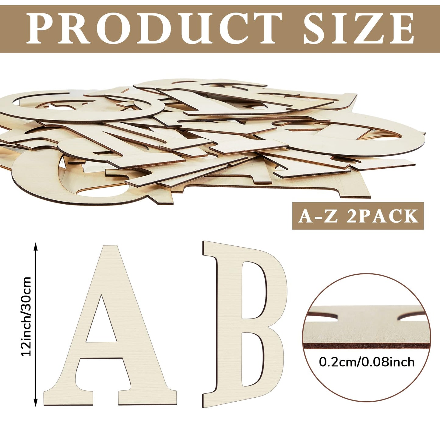 Soaoo 52 Pieces 12 Inch Unfinished Blank Wooden Letters Surface Big Wooden Alphabet Letters for Painting, DIY Projects, Tabletop, Home Wall Decor, Birthday Parties, Wedding