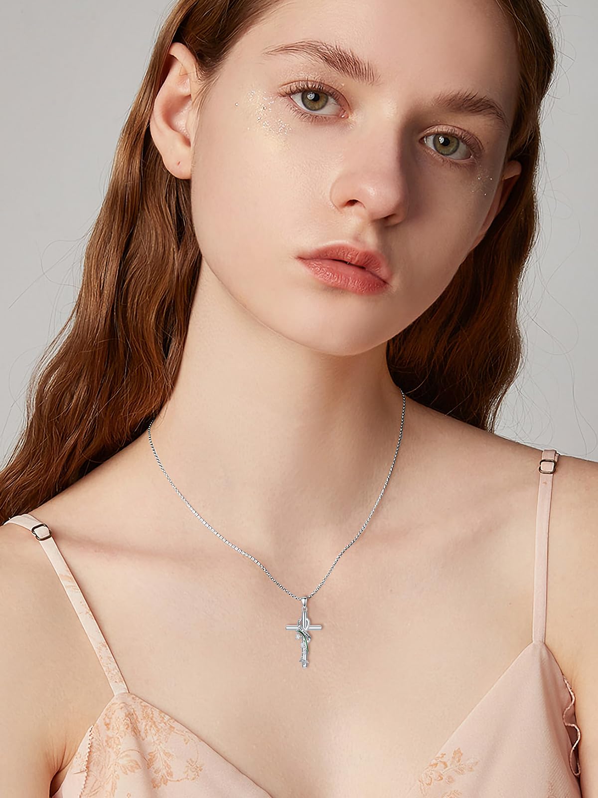 Flpruy Lily of the Valley Necklace 925 Sterling Silver May Cross Pendant Neckalce Lily of the Valley Jewelry Birth Month Flower Gifts for Women Her Mom
