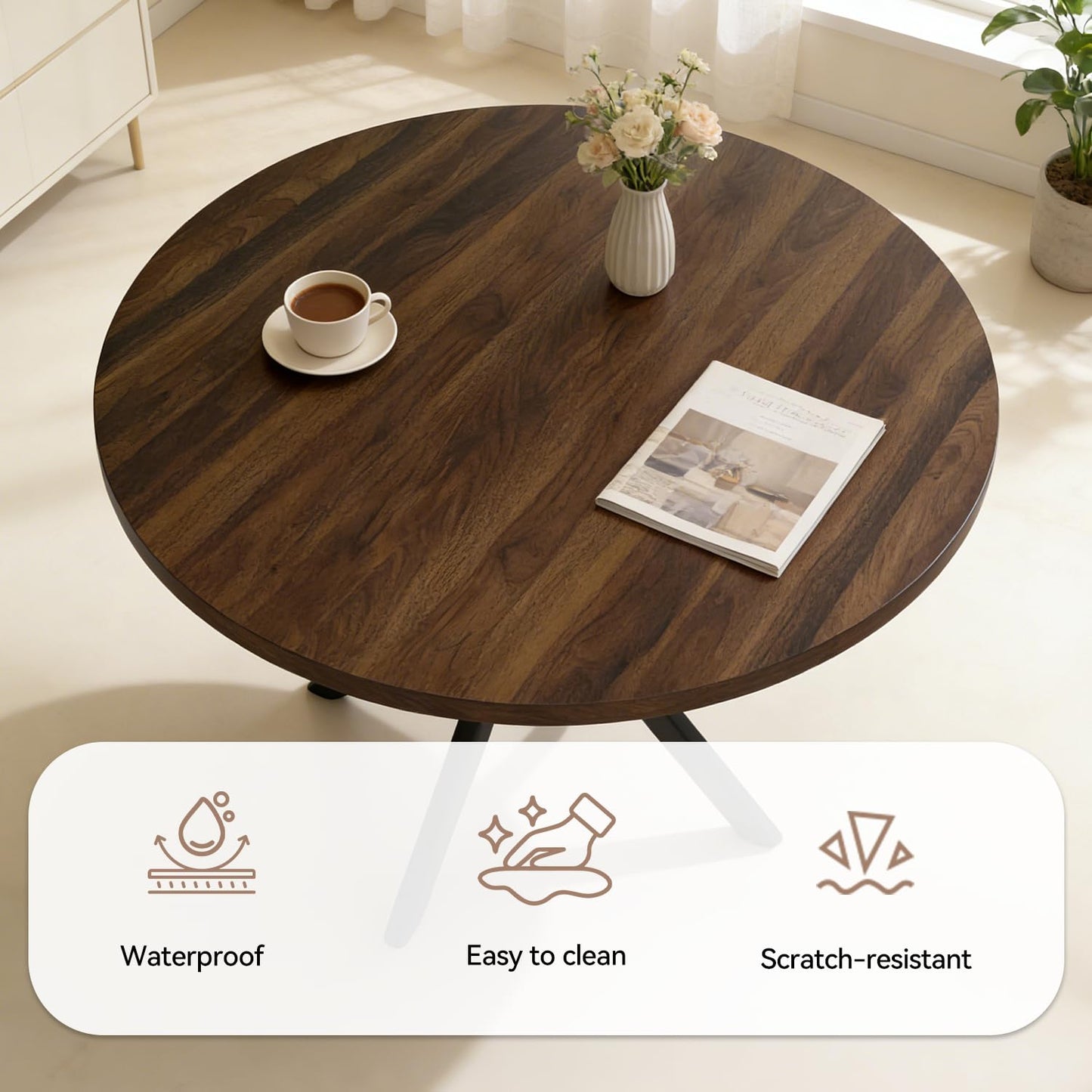 domusdisn 44" Round Dining Table with Cozy Chair Set for 4, Modern Mid-Century Dining Table Set of 4, Dinette Sets with Metal Leg for Kitchen Dining Room Apartment(Walnut Table + Brown Chairs)