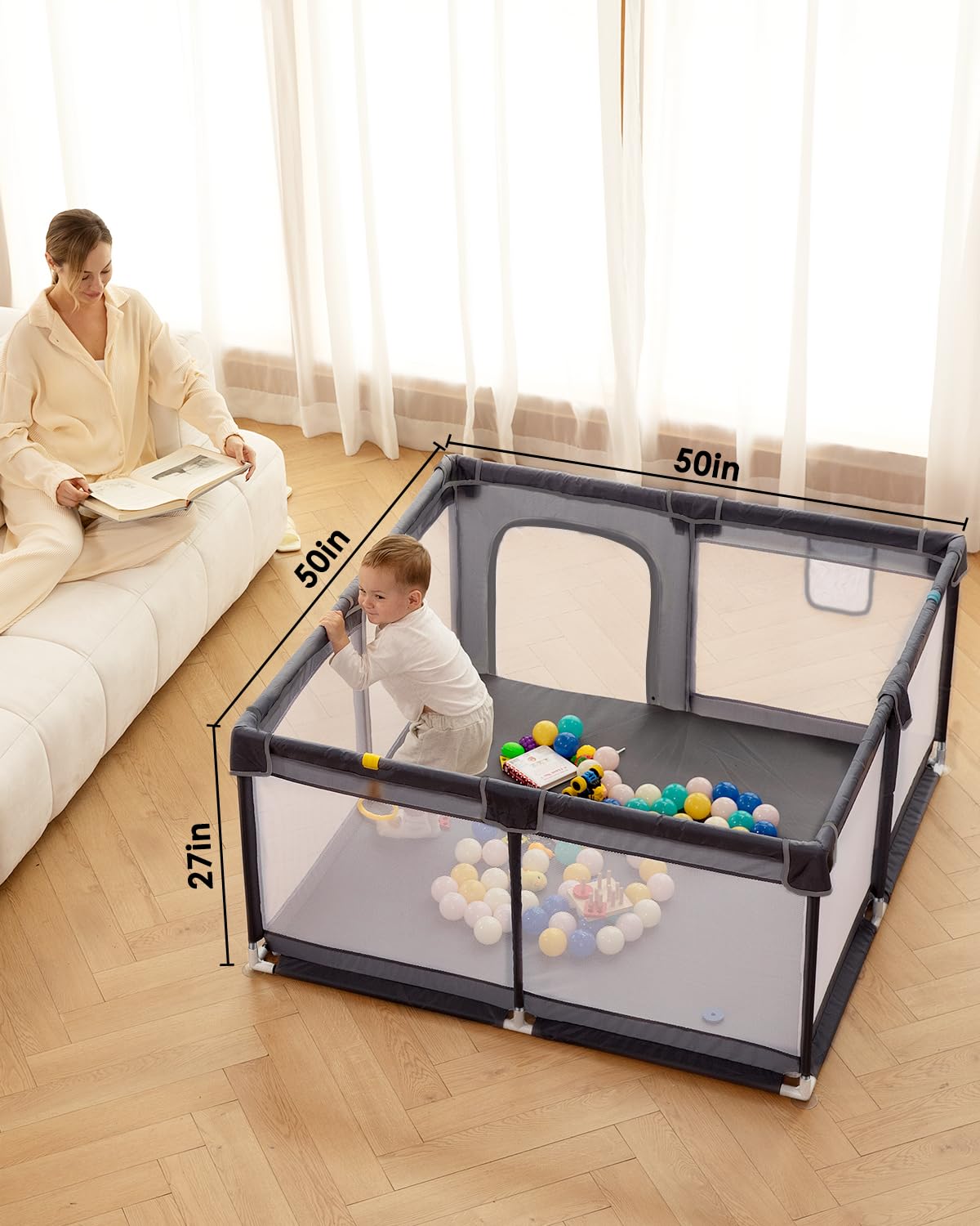 50" x 50" Extra Large Baby Playpen for Babies and Toddlers, Safe with Soft Play Fence, Indoor Safety Yard, Easy to Assemble and Clean (Gray)