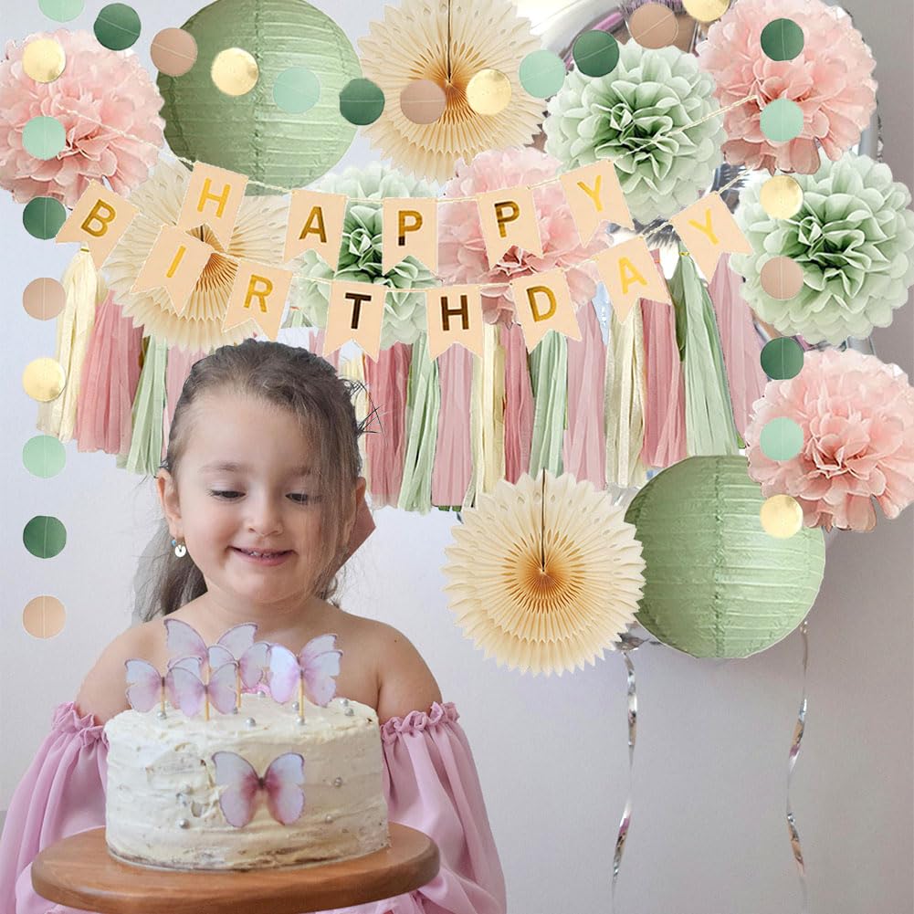 Sage Green Blush Pink Birthday Decorations Boho Pastel Sage Green and Dusty Pink Birthday Decorations for Women Girls Beige Fans with Light Pink Cream Dusty Rose Tassel Garlands Banner Beige and Gold