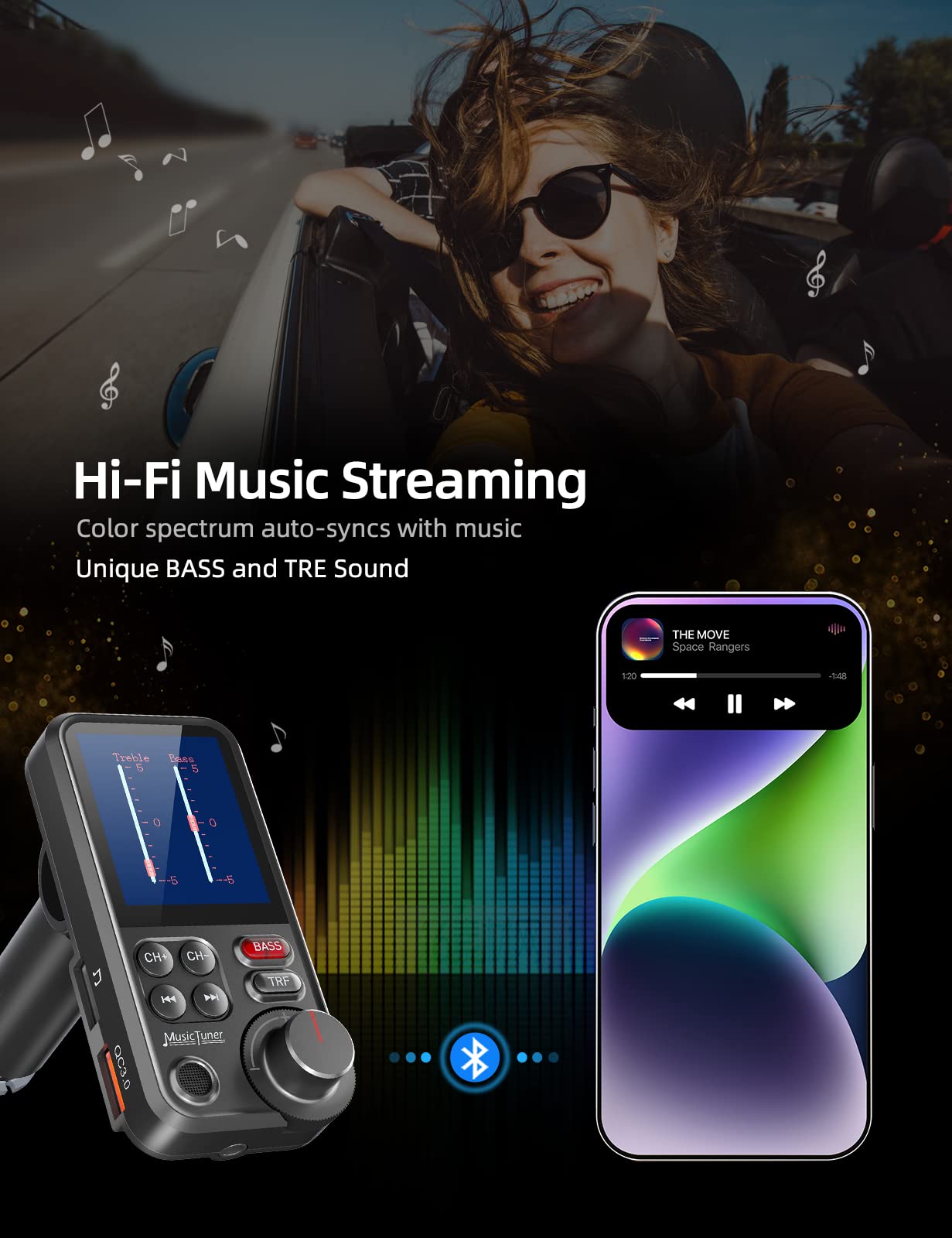 Nulaxy Bluetooth FM Transmitter for Car, 1.8" Color Screen Strong Mic Bluetooth Car Adapter with QC3.0 Fast Charger, Treble & Bass Sound Music Player, Hands-Free Calls, Supports Aux/TF Card/USB Drive