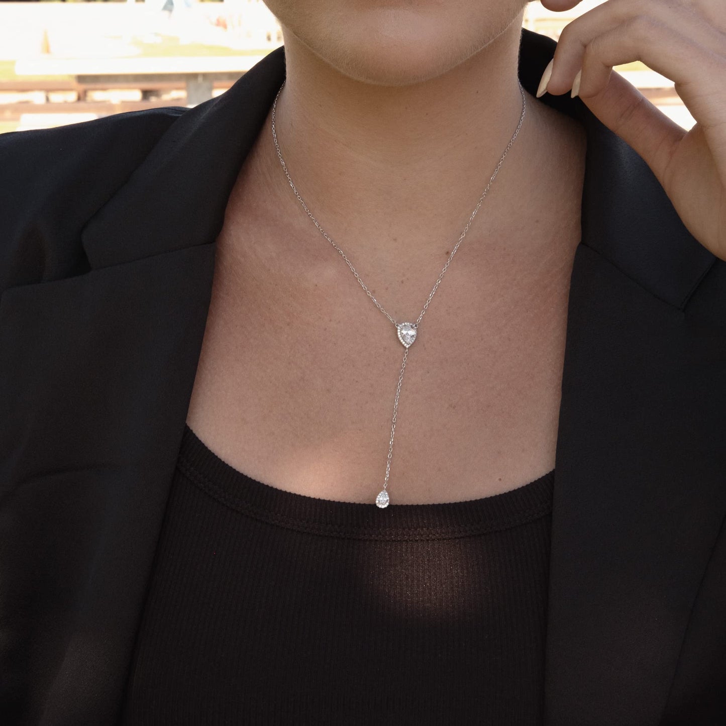 CZ Pear Drop Lariat Necklace 16" with 2.75" Y Drop Adjustable, White Gold Finish