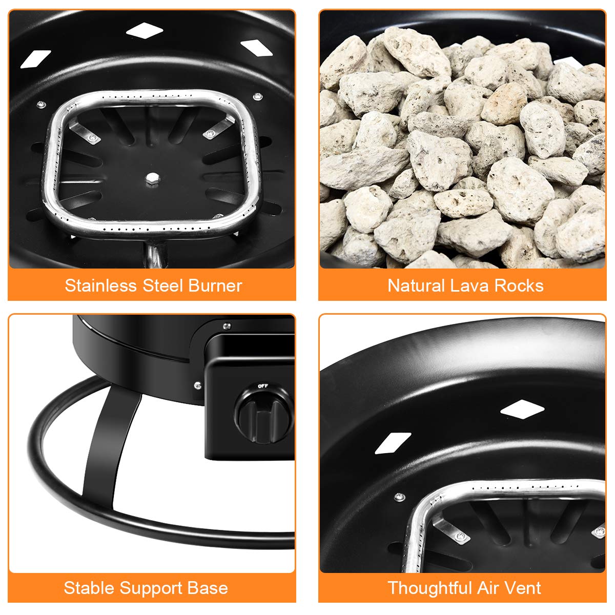 Giantex Portable Propane Fire Pit, 19" Outdoor Firepit, 58,000BTU Fire Bowl w/Cover & Carry Kit,Lava Rock Stone & Tank Stabilizer Ring, Gas Fire Pit for Outside Camping,Patio, Backyard, Black