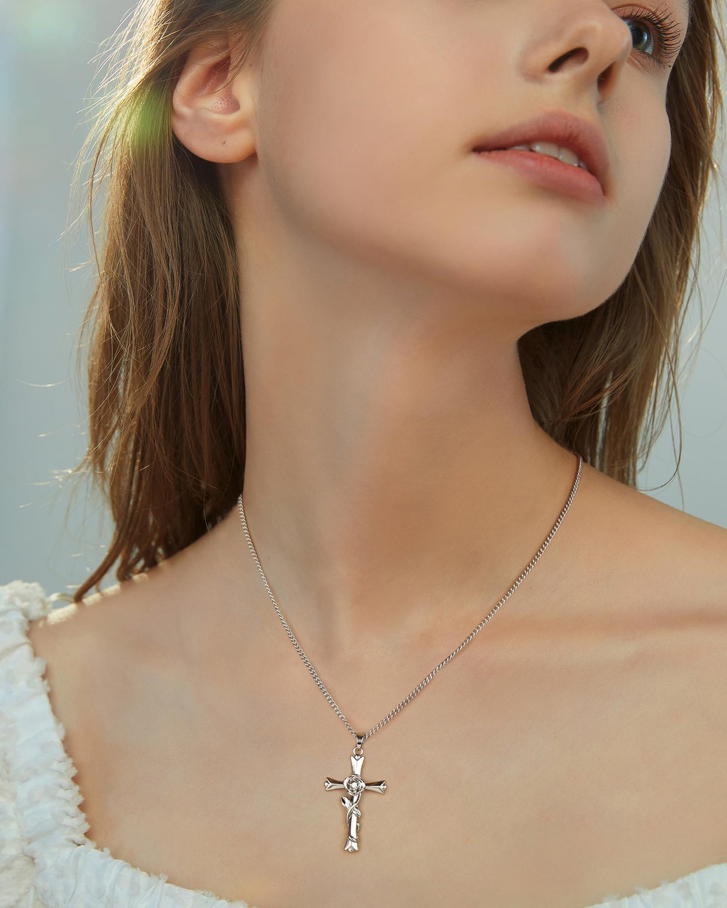 ACECHA Silver Cross Necklace for Women, Dainty Faith Cross Pendant Necklaces with Rose Jewelry for Mom Wife Daughter Sister | Gifts for Birthday Anniversary Christmas Easter(Rose-Romantic)