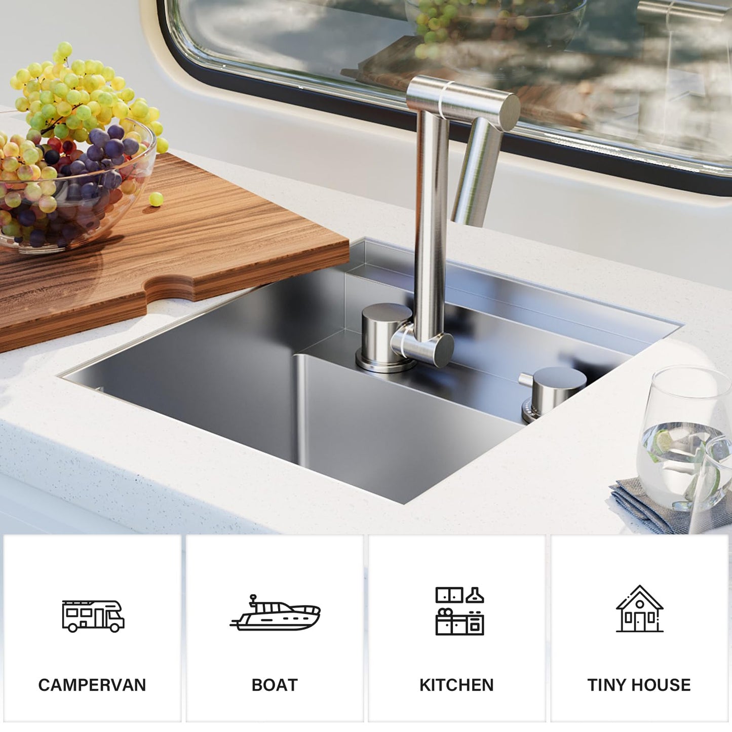 TORVA RV Kitchen Sink, 13 x 15 x 9 Inch Undermount Bar Sink 16 Gauge Stainless Steel Single Bowl Sink with Faucet Cutting Board, Grey