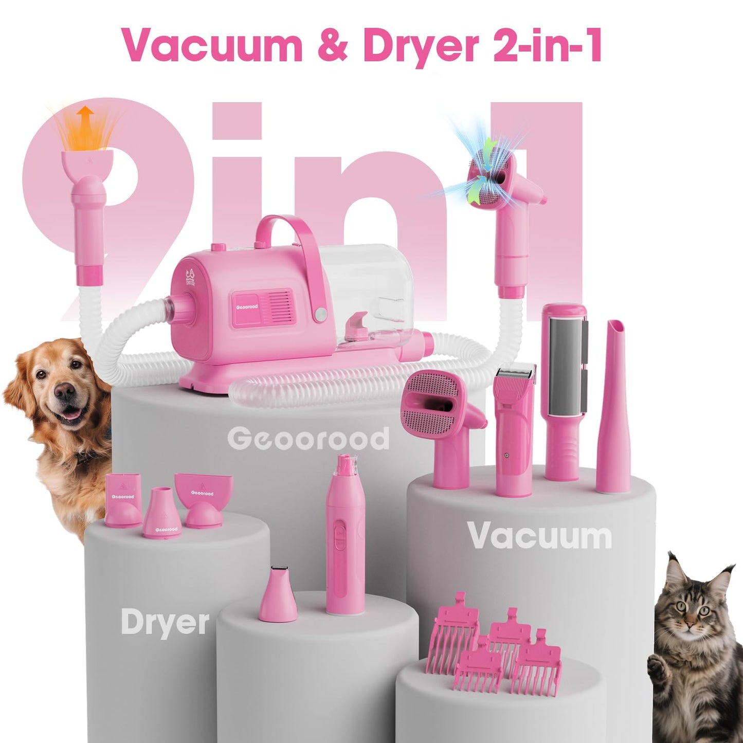 geoorood Dog Grooming Vacuum and Dryer Kit, Blower for Pet Vacuum Grooming 7 in 1 with Clippers for Dogs Hair Shedding Brush Remover Tools at Home Pink