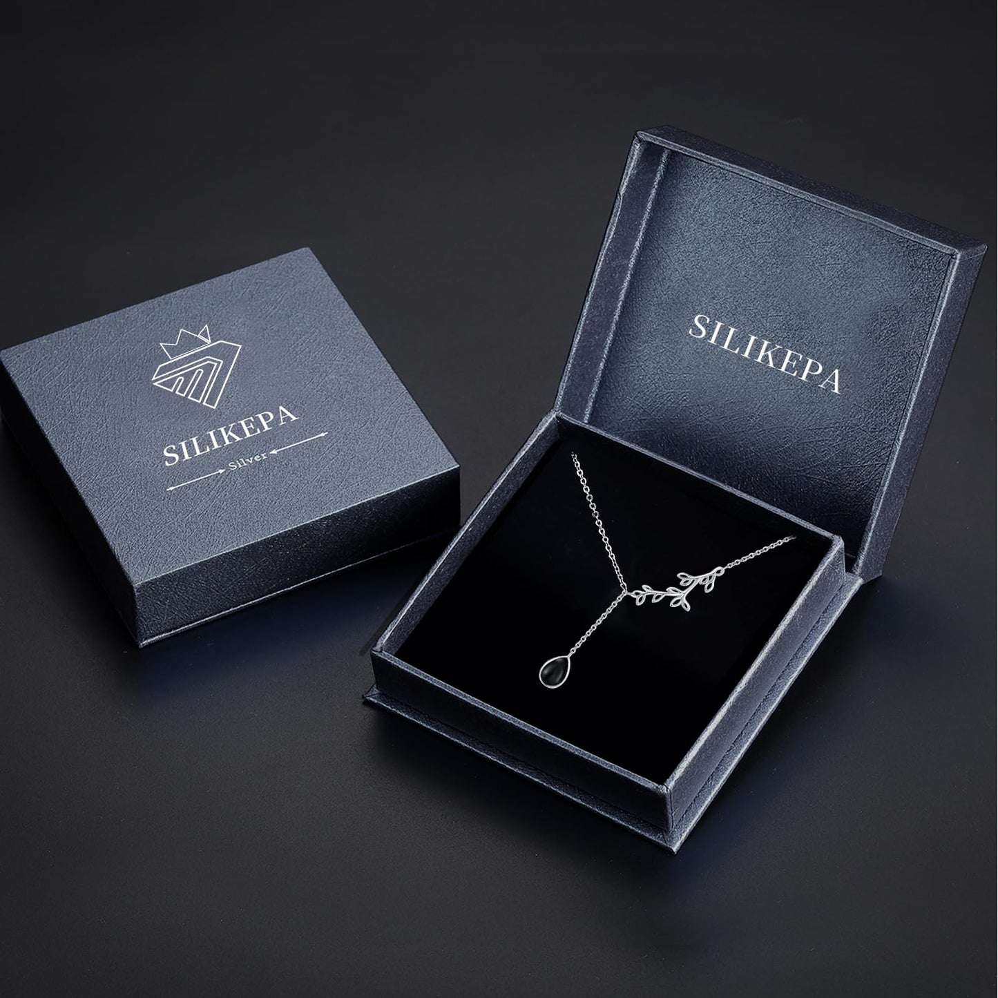 Silikepa Leaf Necklace for Women 925 Sterling Silver Leaf Pendant Necklace Y Chain with Black Onyx Jewelry Gifts for Women