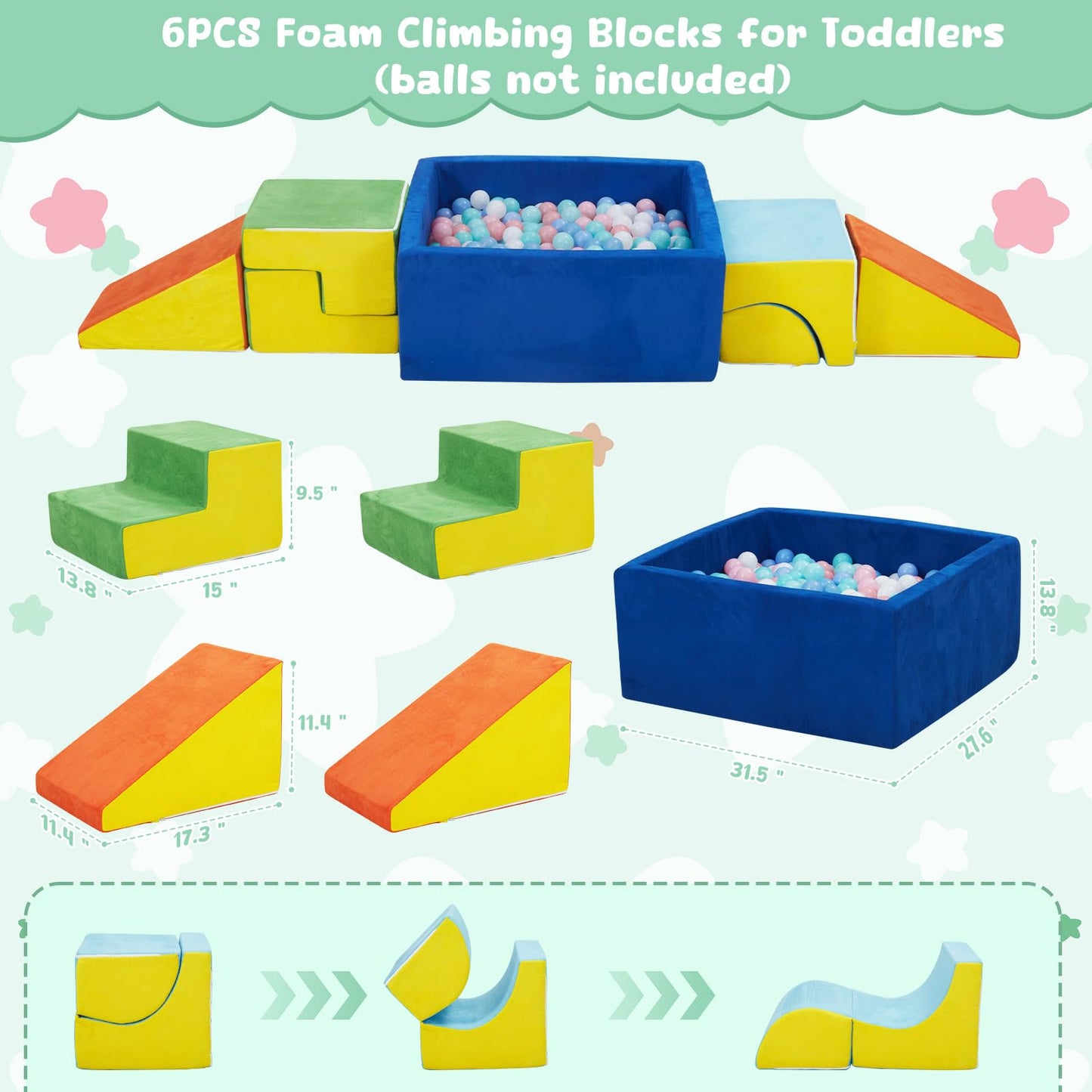 HAHASOLE Foam Climbing Toys for Toddlers with Large Ball Pit, Foam Climbing Blocks, Soft Play Climb and Crawl Activity Playset, Toddler Play Crawling Climbing Sliding Indoor(Excluding Balls)