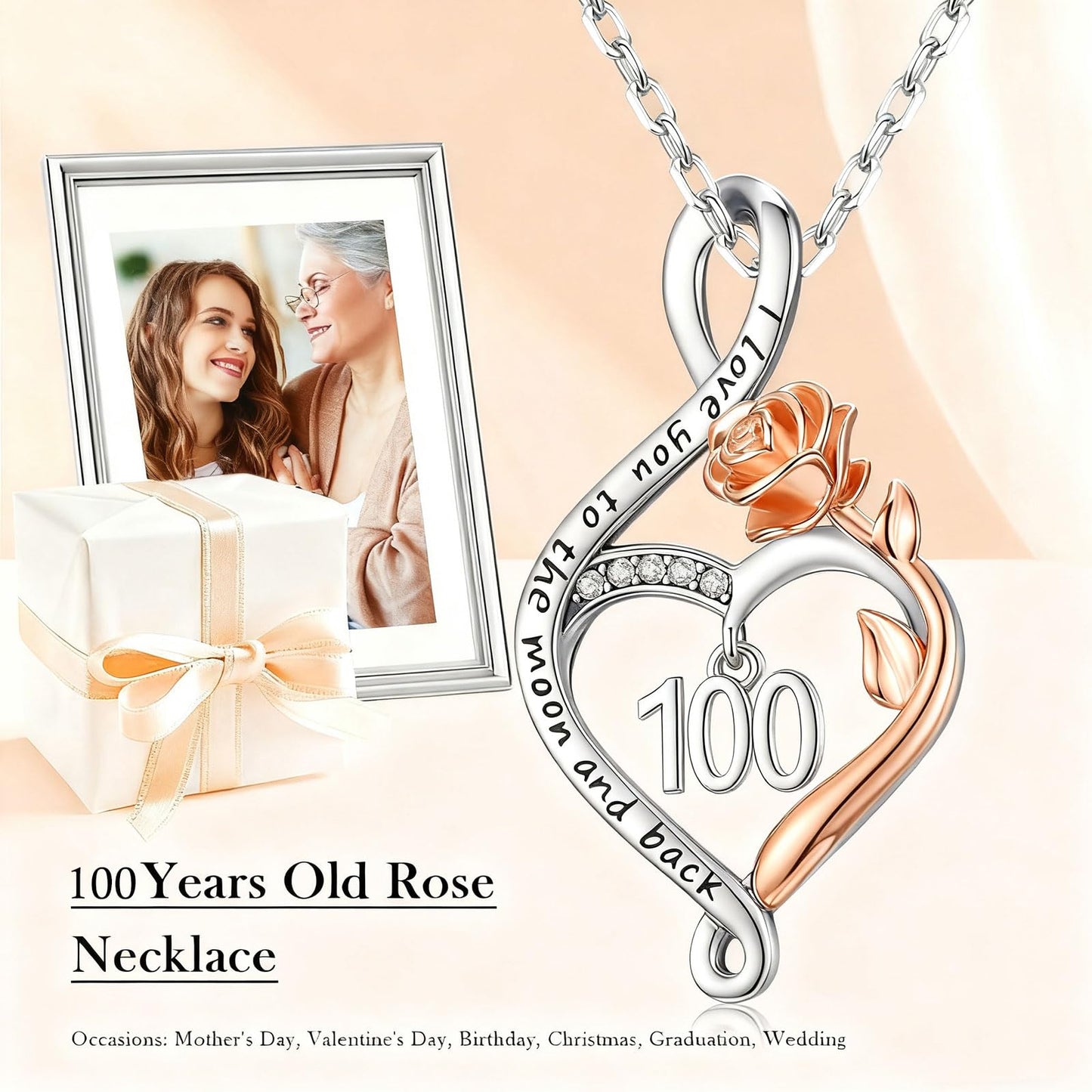 KoyeKei 100th Birthday Gifts for Women 100 Year Old Necklace 925 Sterling Silver Rose Flower Heart Infinity Pendant Jewelry Birthday Mothers Day Gift for Nana Granddaughter