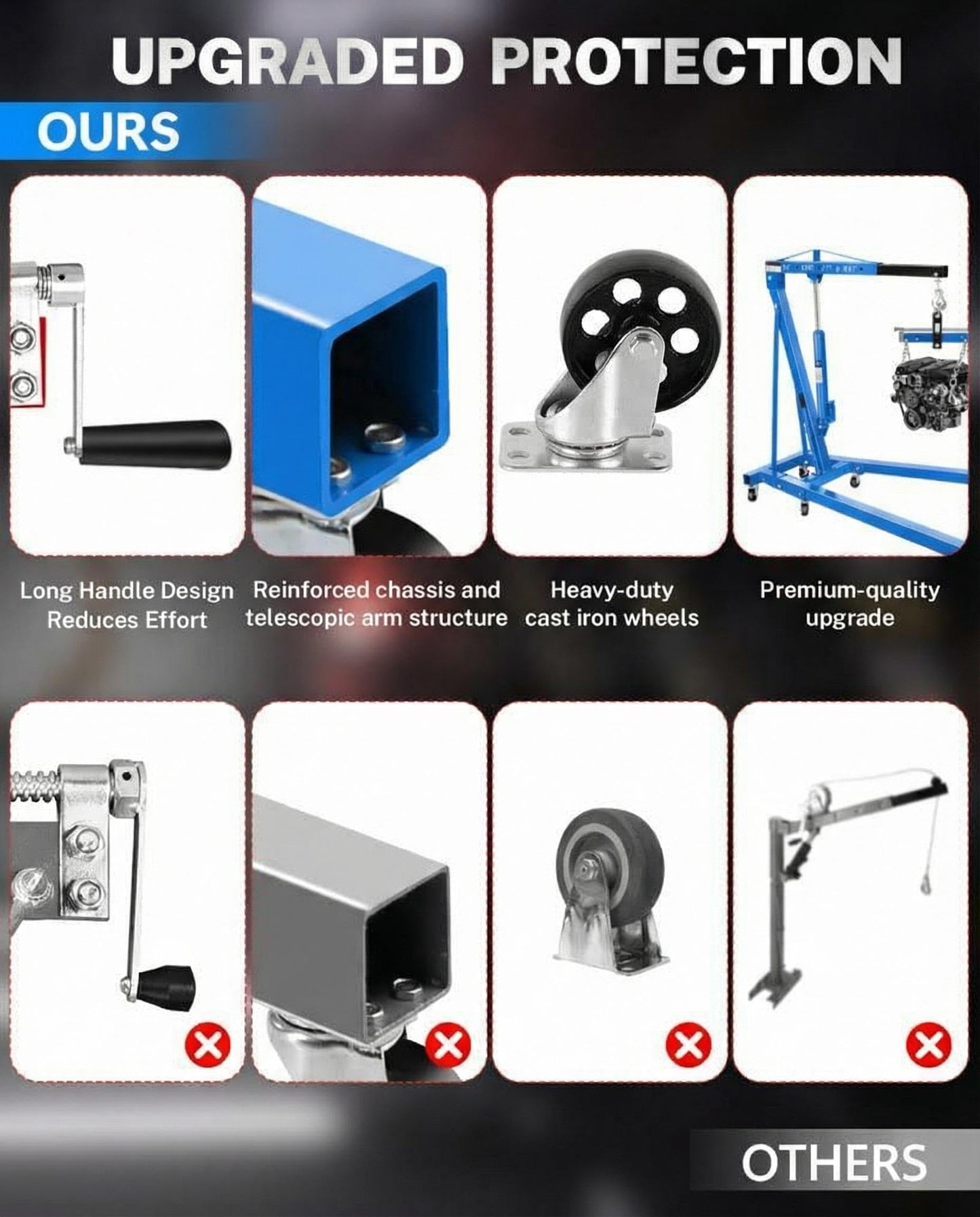 2 Ton Hydraulic Engine Hoist Crane with Lever, Folding Heavy-Duty Cherry Picker with 6 Locking Wheels & 4 Boom Positions, for Truck/SUV Engines, Garage Workshop, Industrial Lifting (Net Wt. 168 lbs)