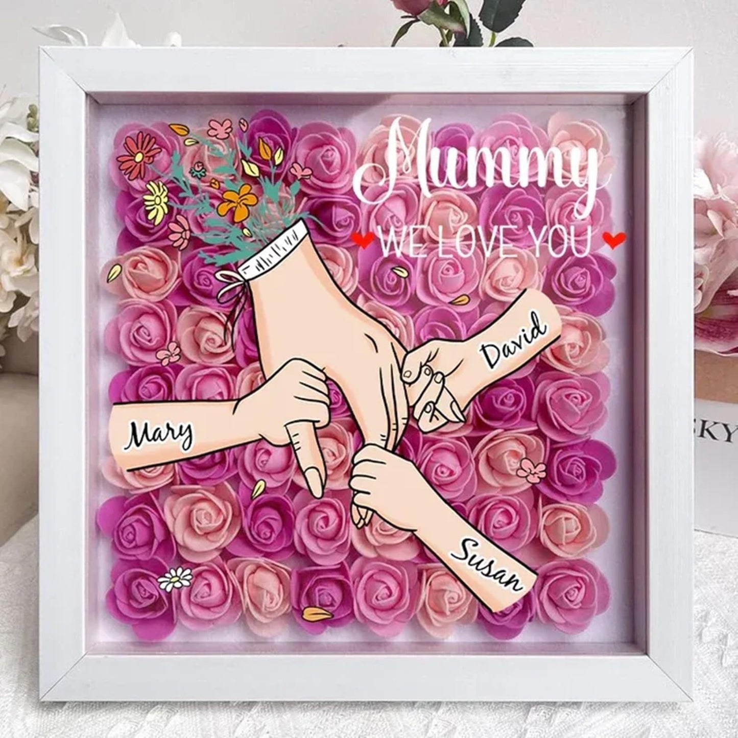 Custom Mom Flower Shadow Box with Kids Name for Mother's Day Personalized Eternal Flower Shadow Box with Text Mothers Day Anniversary Birthday Flower Gift for Mom Grandma