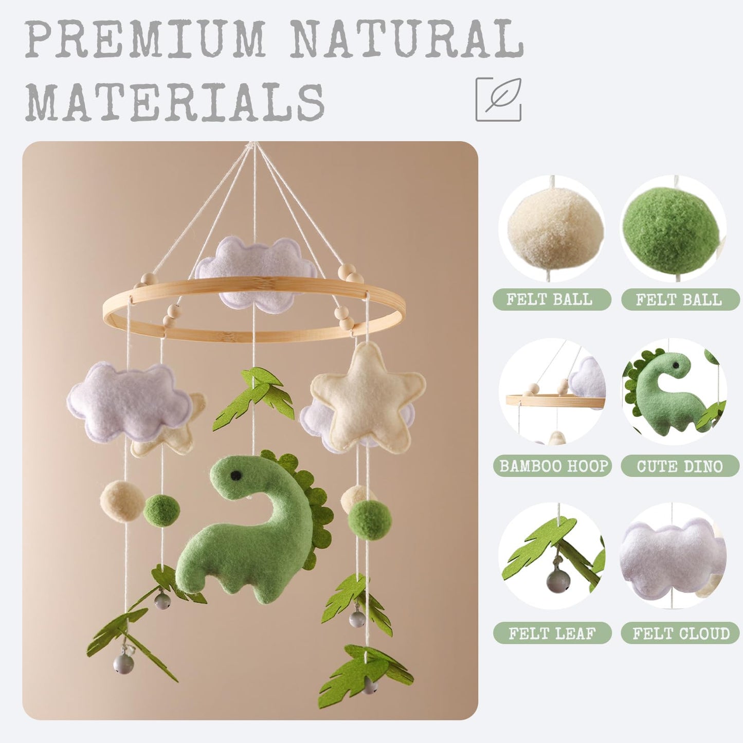Moyii Baby Crib Mobile for Nursery - Handmade Felt Dinosaur Hanging Mobile - Green Dino Ceiling Decor for Boys Girls - Neutral Boho Jungle - Newborn Baby Shower Gift
