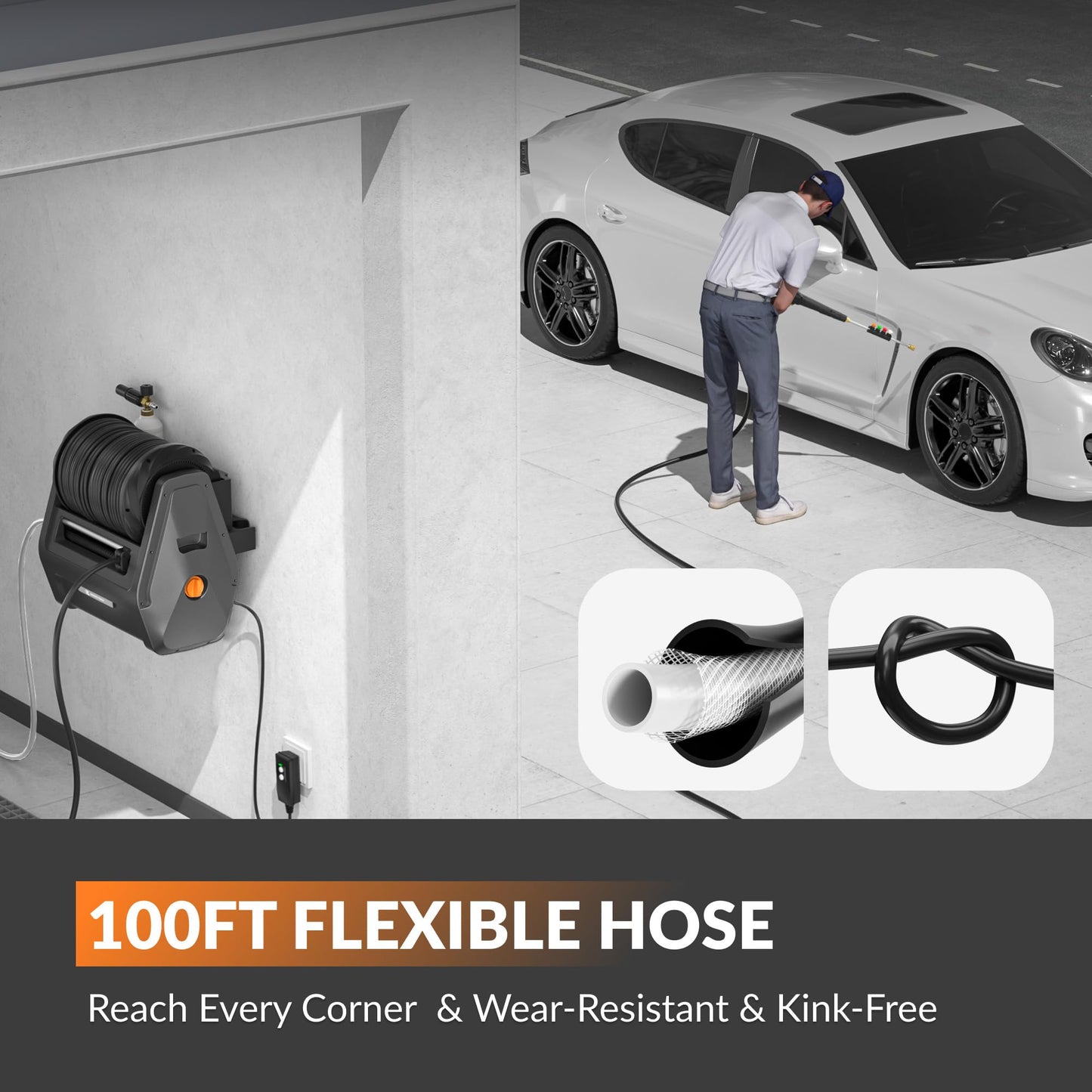 Giraffe Tools Grandfalls Pressure Washer G30B, Max 2900 PSI, 2.2 GPM, Electric Wall Mounted Pressure Washer with 100ft Black Pressure Hoses, Foam Cannon, 4-Nozzles for Car/Driveways, Dark Silver