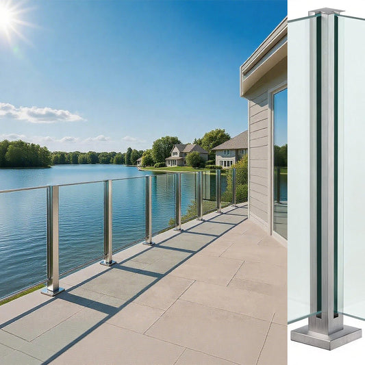 Cvter Glass Railing Post, No-Punch Heavy-Duty Glass Railing with Spigot Slots & Base, 304 Stainless Steel Clamp Bracket for Deck Balusters, Balcony, Patio, Stairs, Silver 24in Corner Post