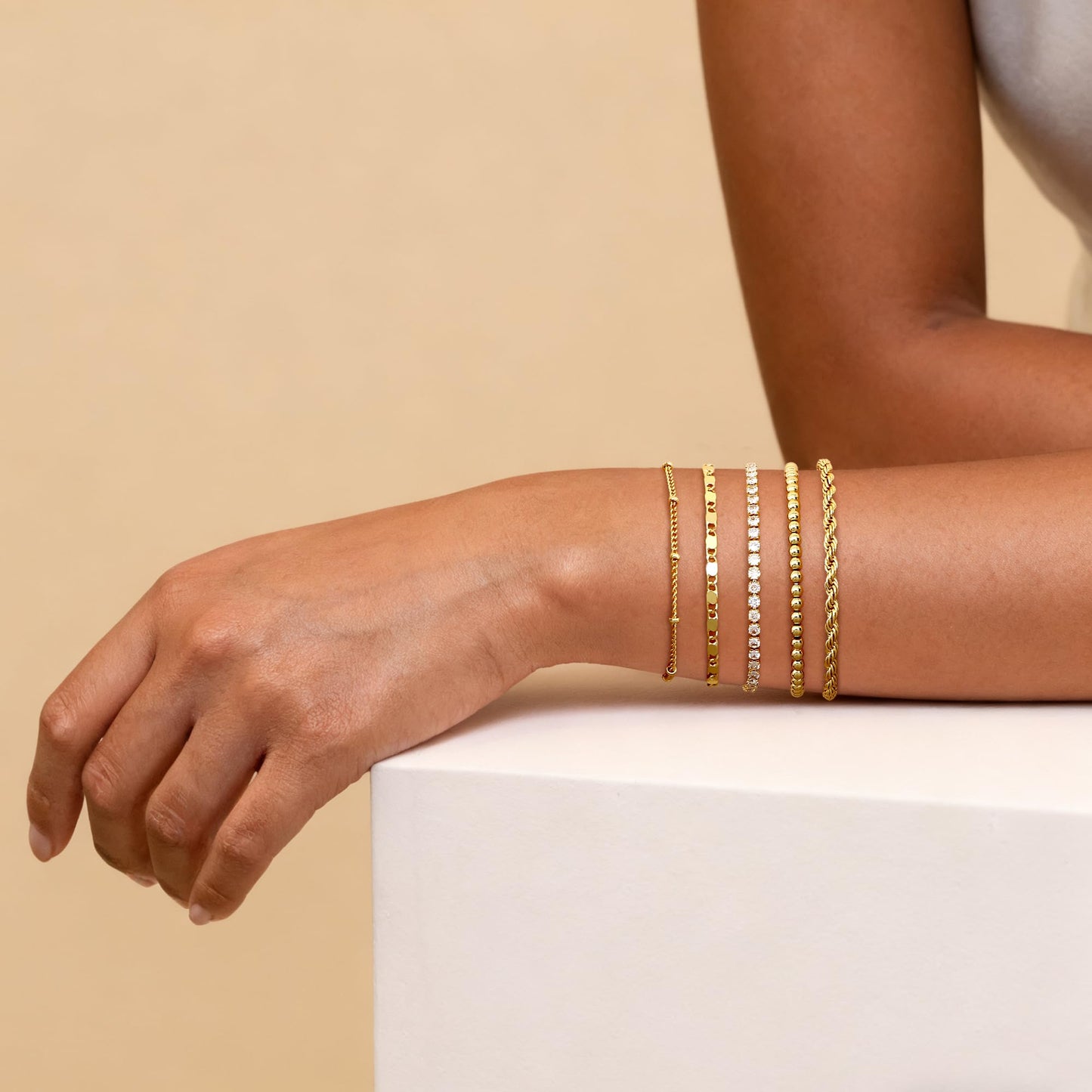 TEN MIRO 16k Chunky Gold Plated Bracelets for Women Non Tarnish,Womens Gold Plated Bracelet Stack Layered Chunky Chain Bracelets Waterproof Link Bracelets Rope Tennis Satellite Bead Ball Bracelet Jewelry Gifts for Womens