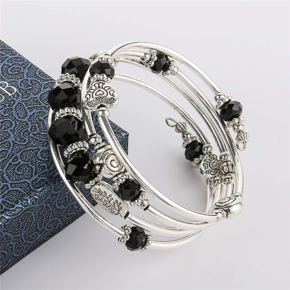 PEARL&CLUB Bead Crystal Wrap Bangle Bracelet - Fashion Jewelry Beaded Bracelet with Silver Metal, Gifts for Women(23-Black)