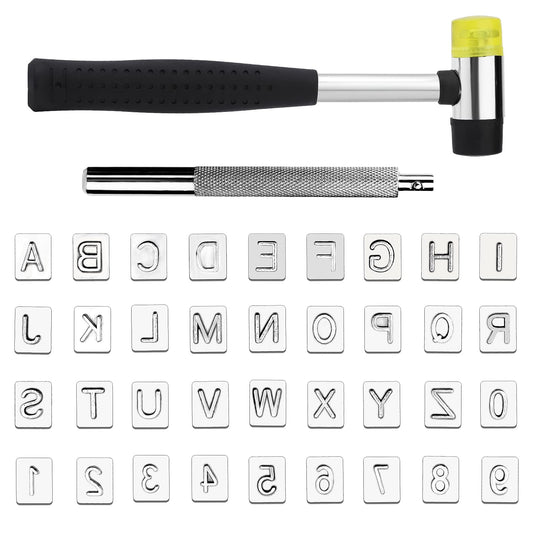 38 PCS Leather Stamping Tools, Leather Stamping Kit with 36pcs Letters and Numbers, Rubber Hammer for Leather Working