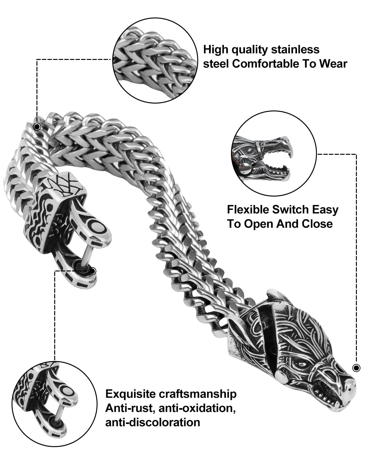LuxGoth Stainless Steel Wolf Head Heavy Cuban Link Chain Bracelet Gothic Punk Rock Biker Vintage Norse Viking Wolf Franco Link Curb Bracelet Jewelry for Men Silver GTS-B1B45034
