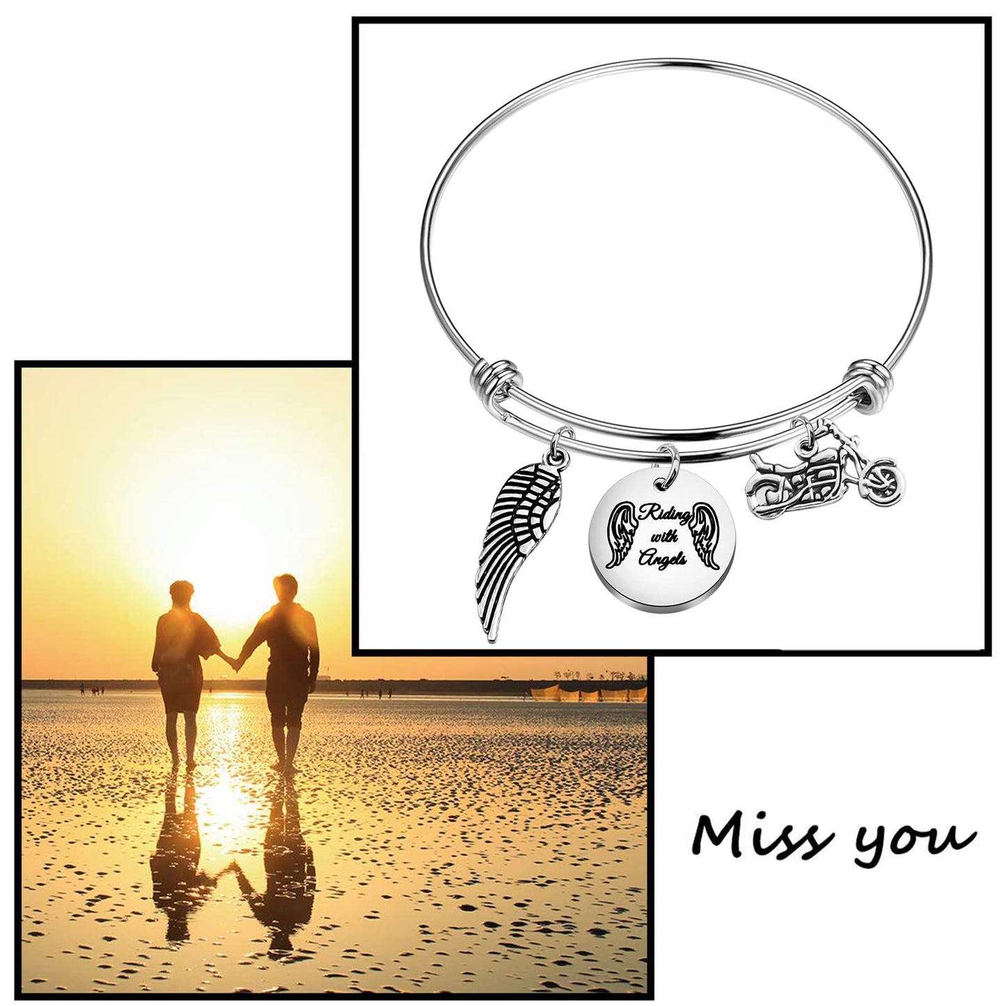 Zuo Bao Motorcycle Memorial Jewelry Memorial for Brother Dad Husband Sympathy Gift Riding with Angels Bracelet with Wing Car Truck Memorial (Riding with Angels)