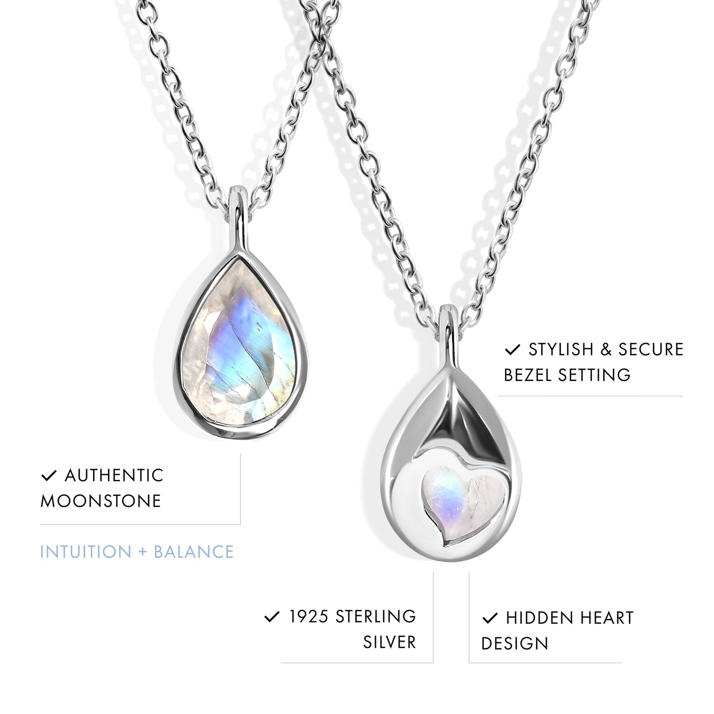 Moon Magic Moonstone Necklace - Hidden Heart / 925 Sterling Silver - 18k Rose Yellow Gold Rainbow Moonstone Necklaces for Women/Authentic Crystal Jewelry