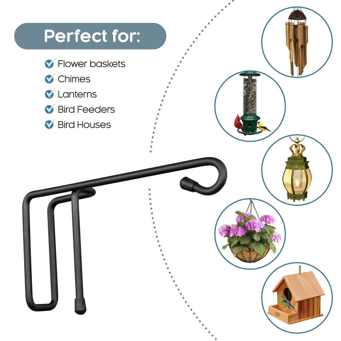 Vinazone Vinyl Fence Hooks for Hanging, Heavy Duty Patio Hangers, Outdoor Fence Hangers for Hanging Flower Baskets, Wind Chimes, Planters, Bird Feeders, Lights, Lanterns - 6 Pack - Black Color
