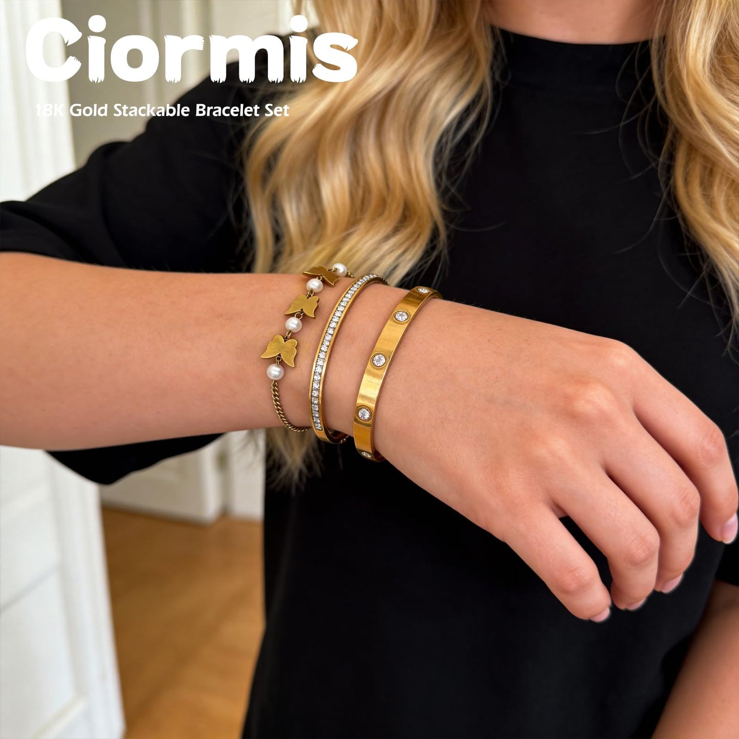 Women's Stacking Bangle Bracelets Set, 18K Gold Plated Pearl Butterfly Handchain Nail Love Bracelet Non Tarnish Gold Jewelry Trendy Waterproof Bangles Set for Women Valentines Birthday Christmas