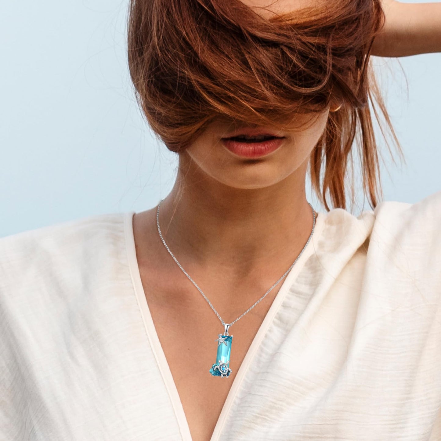 AENEAS Turtle Necklace for Women 925 Sterling Silver Blue Crystal Opal Starfish Ocean Jewelry Gift for Sea Animal Lover Women Wife Her