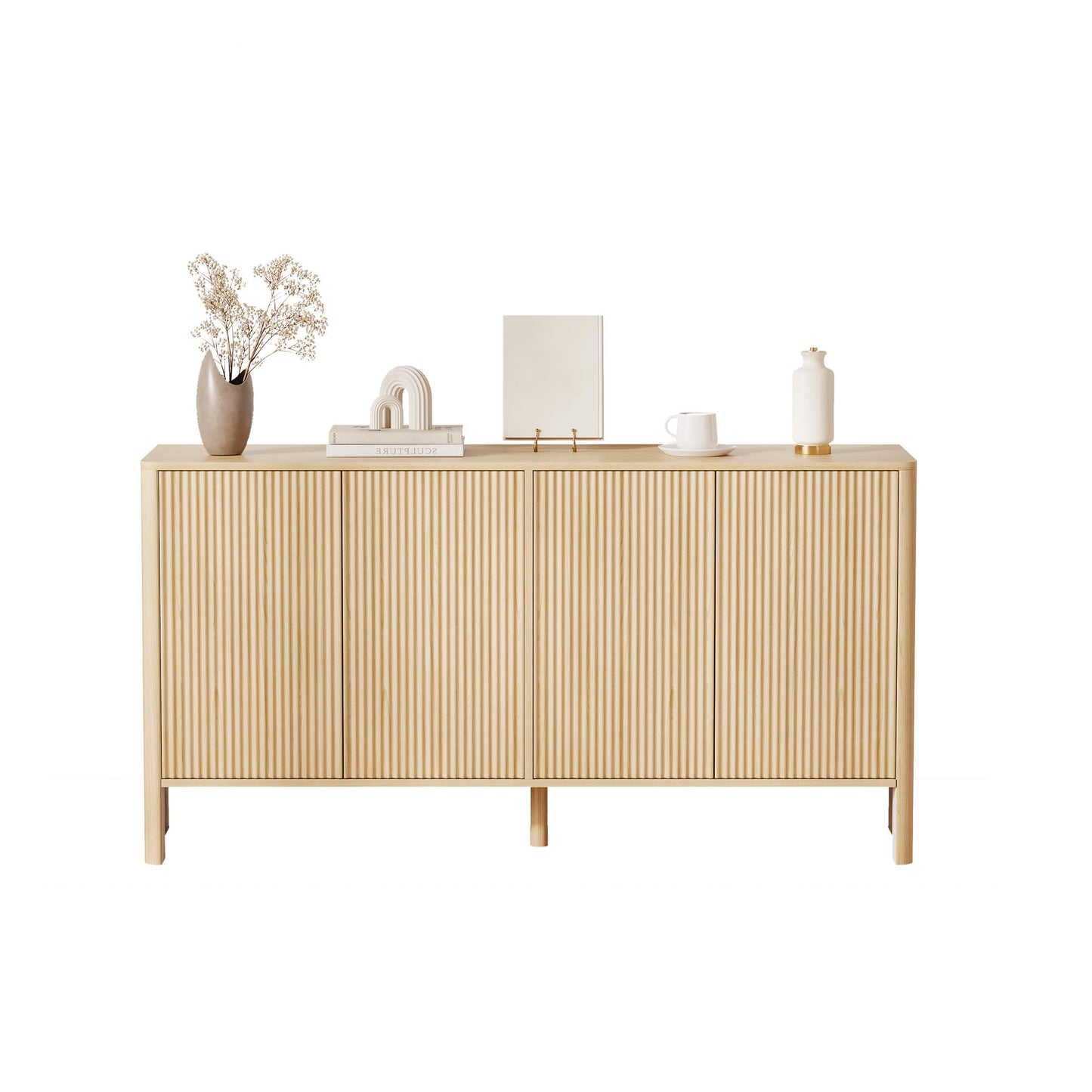Garvee 58 in Fluted Sideboard Buffet Cabinet, Modern Accent Storage Cabinet with 4 Fluted Doors and Adjustable Shelves, Wood Credenzat Coffee Bar Console Table for Kitchen Dining Living Room- Natural