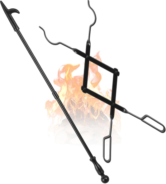 FEED GARDEN 32 Inch Fireplace Poker and 26 Inch Fireplace Tongs Set for Fire Pit Fireplace Tools Accessories Log Grabber Set For Camping Wood Stove Patio Campfire Picnic Indoor Outdoor