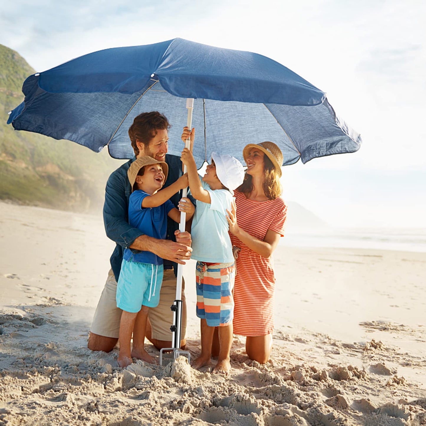 weallbuy Removable Portable Umbrella Base, Beach Umbrella Sand Anchor with 4 Legs, Adjustable Heavy-Duty Metal Sun Holder, Outdoor Parasol Stand for Beach, Grass, and Sand
