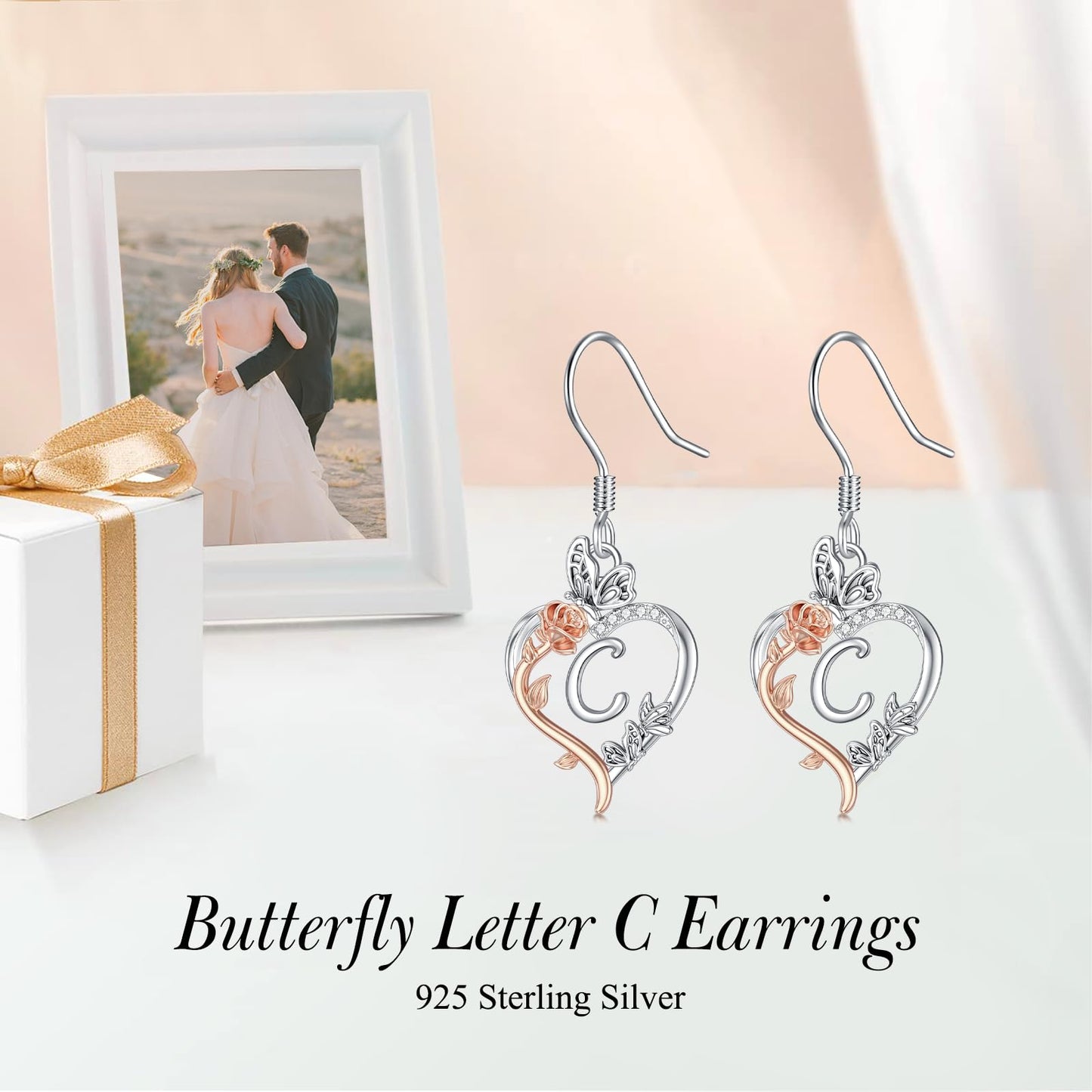 TOUPOP Rose Heart Initial Earrings Sterling Silver Butterfly Earring Initial C Letter Drop Dangle Earrings Jewelry Anniversary Birthday Mothers Day Gifts for Women Mom Wife Girlfriend Her