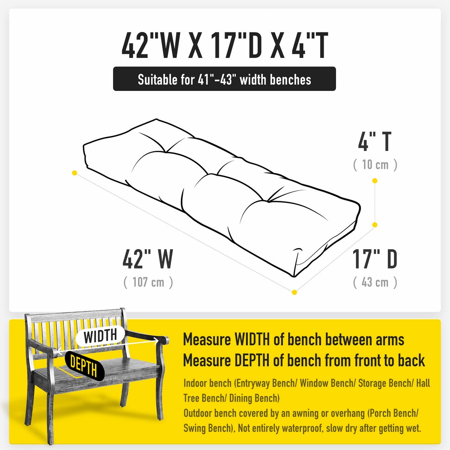 SUNROX LokGrip Non Slip Tufted Memory Foam Bench Cushion, FadeShield Water Resistant Durable Thicken Outdoor/Indoor Bench Seat Pads 42x16x4 inch, Cream