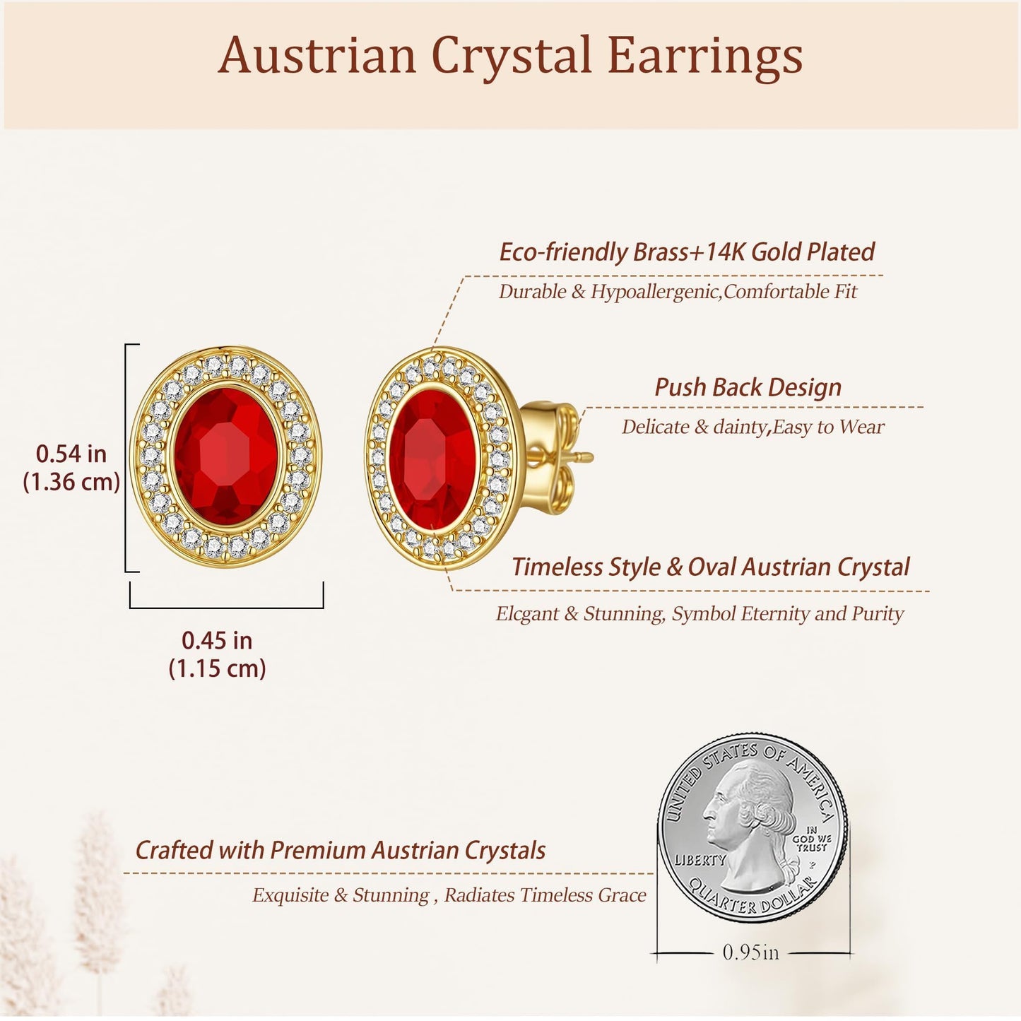 EVEVIC Austrian Crystal Halo Oval Stud Earrings for Women Trendy,14k Gold Plated Hypoallergenic Earring Jewelry Gift (Red)