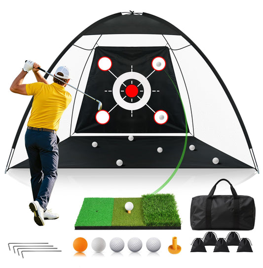 Golf Net 10x7FT All-in-One with Tri-Turf Practice Mat, Ball, Target & Carry Bag, Backyard & Indoor Outdoor Golf Hitting Net for Driving, Chipping, Swing Training, Golf Gift for Men, Dad, Him, Golfer