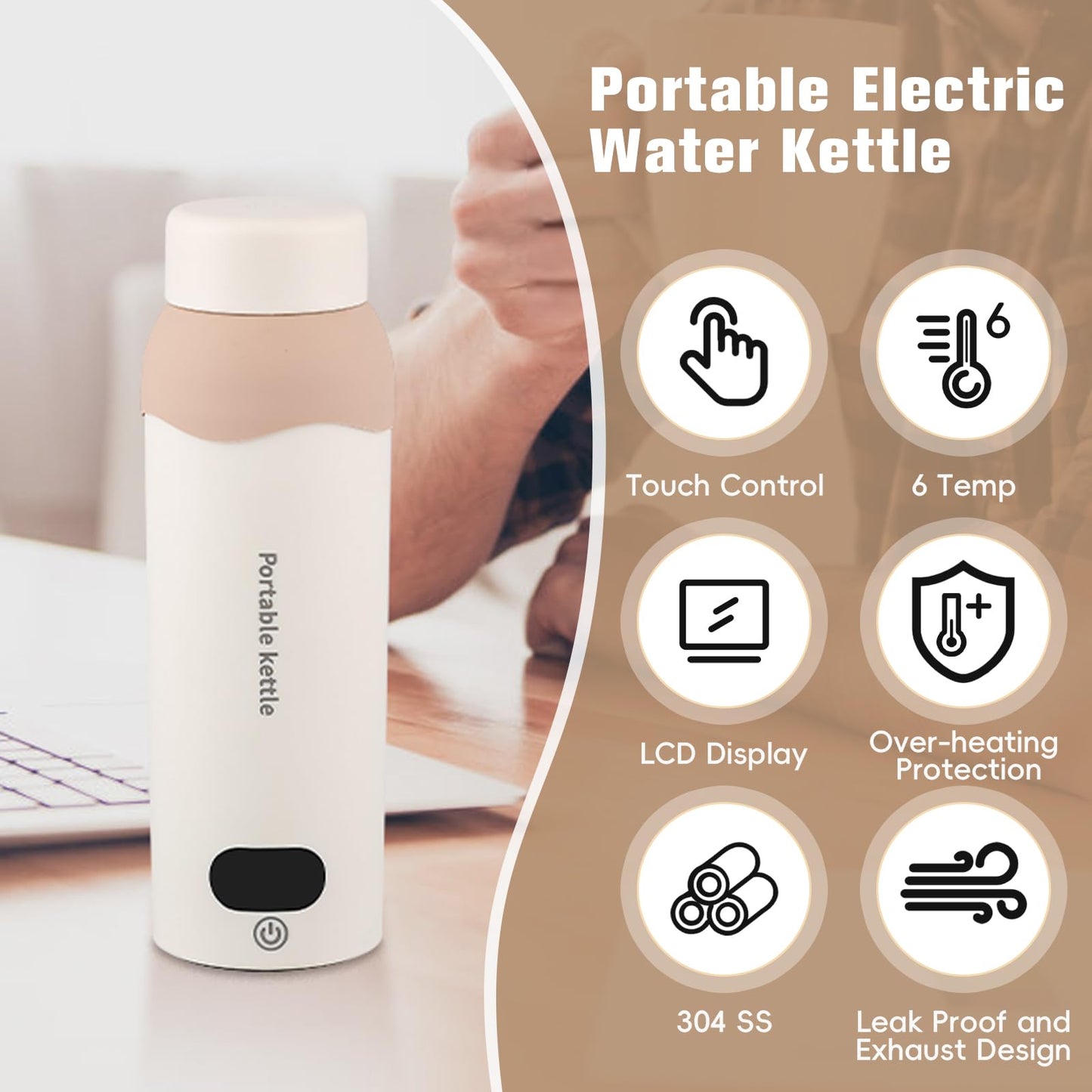 Portable Travel Electric Kettle, 304 Stainless with 6 Temperature Settings Portable Water Heater, Plug in Small Water Boiler with Storage Bag (16oz