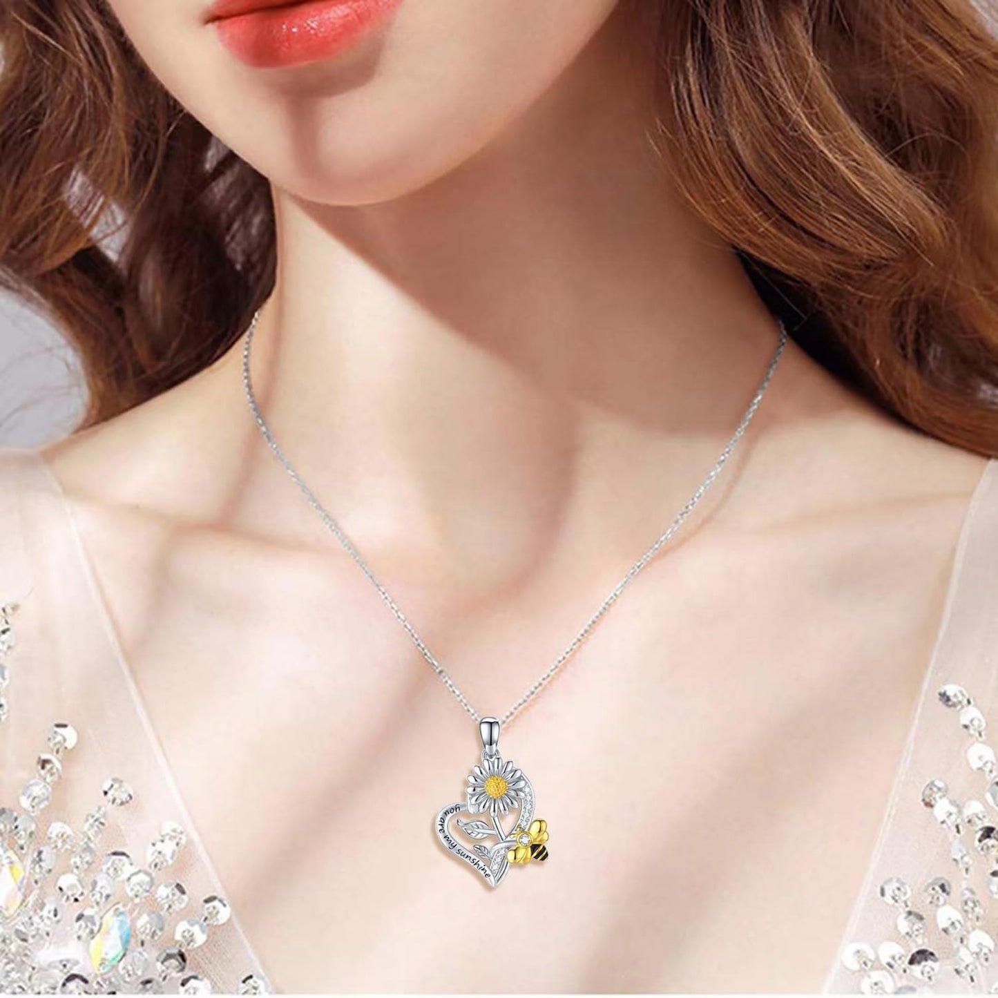CCJM Bee Necklace for Women,Sunflower Necklaces for Women,925 Sterling Silver Sunflower Gifts,Bee Gifts for Mom,Girlfriend,Daughter,Sister