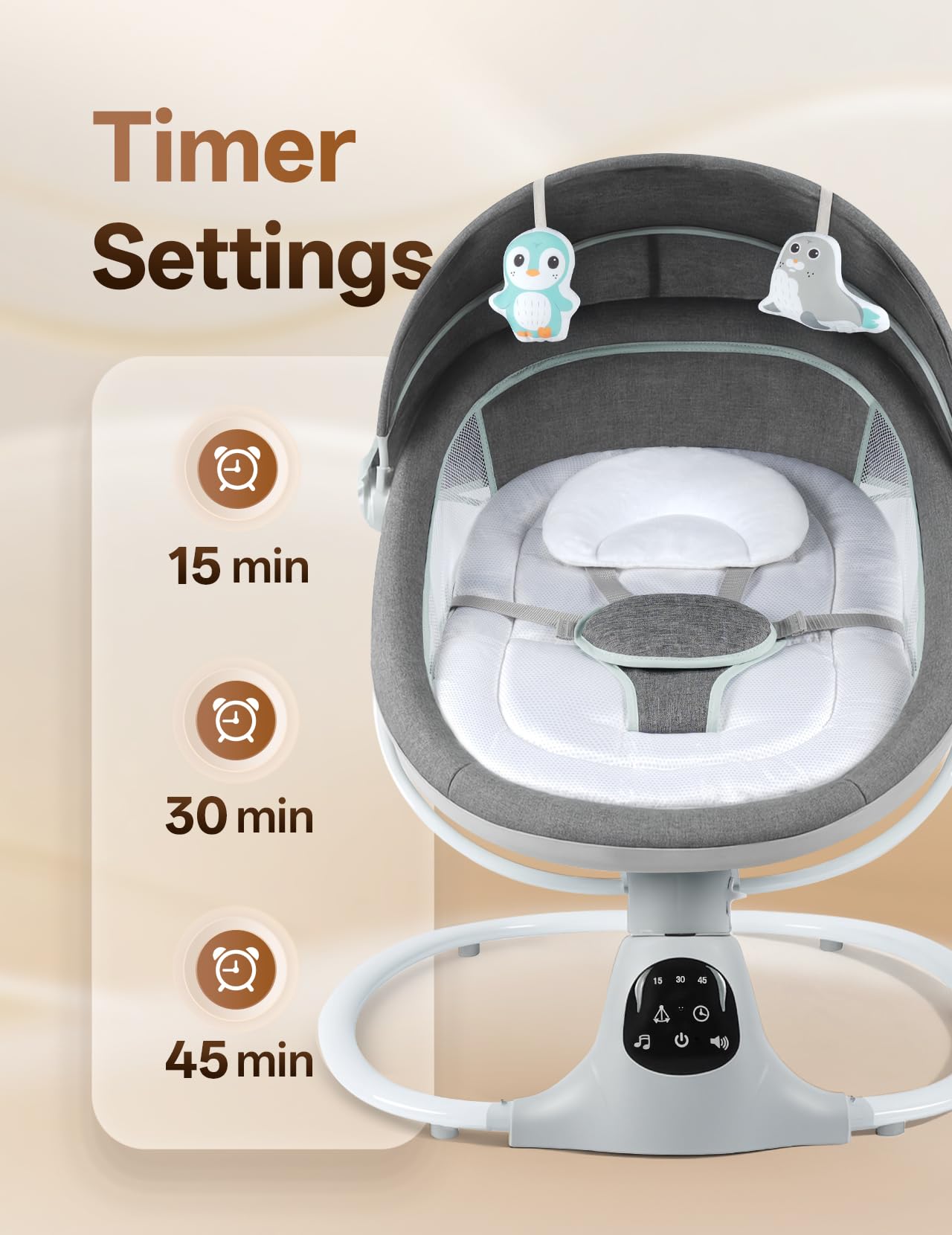 Electric Baby Swing for Infants to Toddler, Portable Swing Rocker with 5 Point Harness, 5 Sway Speed, Bluetooth,12 Preset Lullabies with Remote Control, Infant Swing for Baby Boys & Girls, Grey