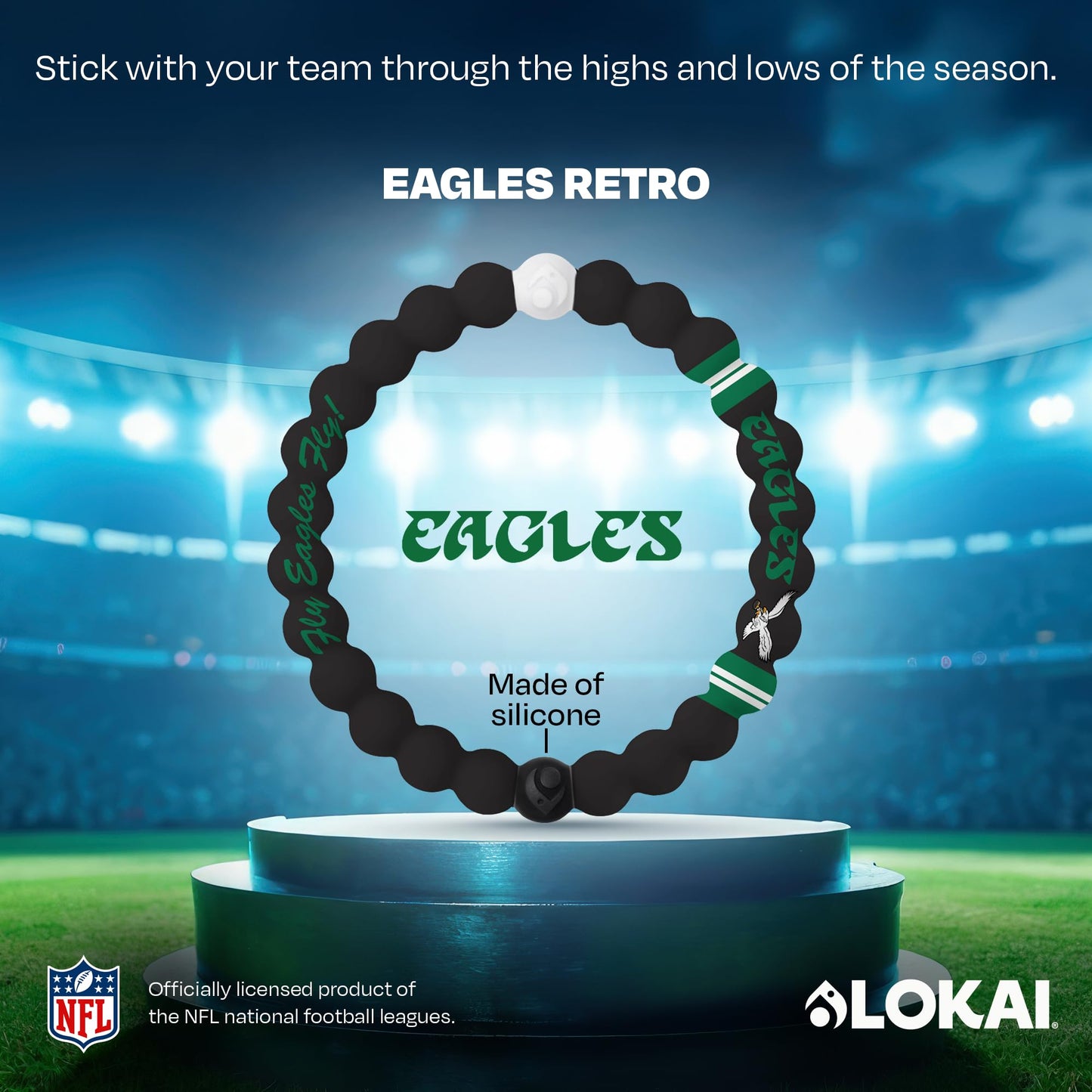 Lokai NFL Football Collection Silicone Beaded Bracelet, Philadelphia Eagles Retro Classic (Medium) - Beaded Bracelet for Women & Men, Silicone Jewelry Bracelet Slides-On for Comfortable Fit