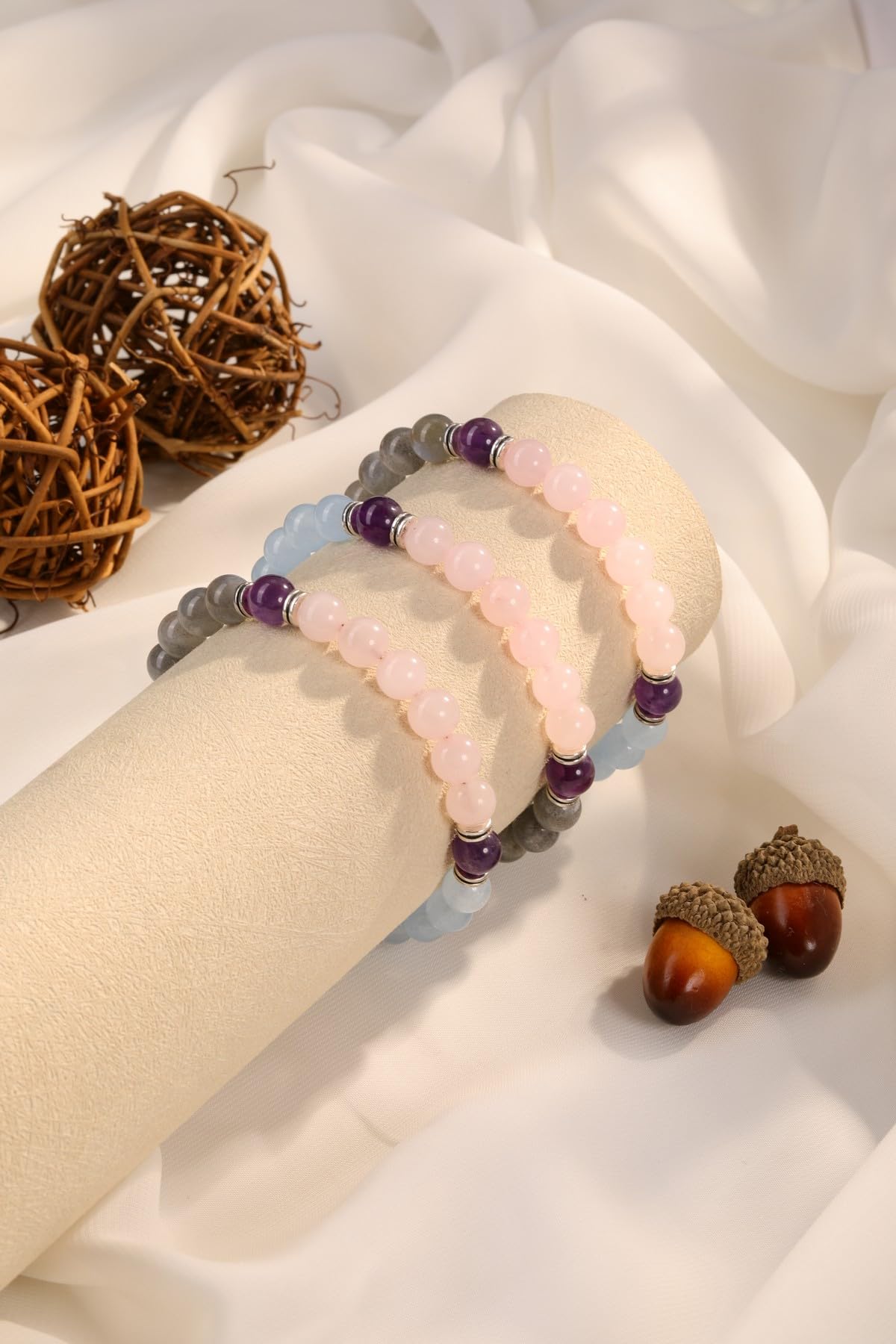 Jovivi Healing Crystal Beaded Bracelet for Women Anxierty Relief Natural Rose Quartz Labradorite Yoga Beads Chakra Bracelet Handmade Triple Protection Good Luck Jewelry Gift