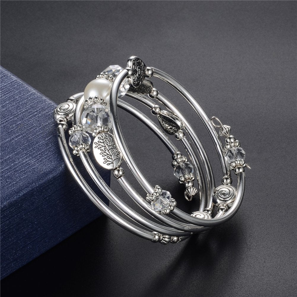 PEARL&CLUB Bead Crystal Wrap Bangle Bracelet - Fashion Jewelry Beaded Bracelet with Silver Metal, Gifts for Women(92-White)
