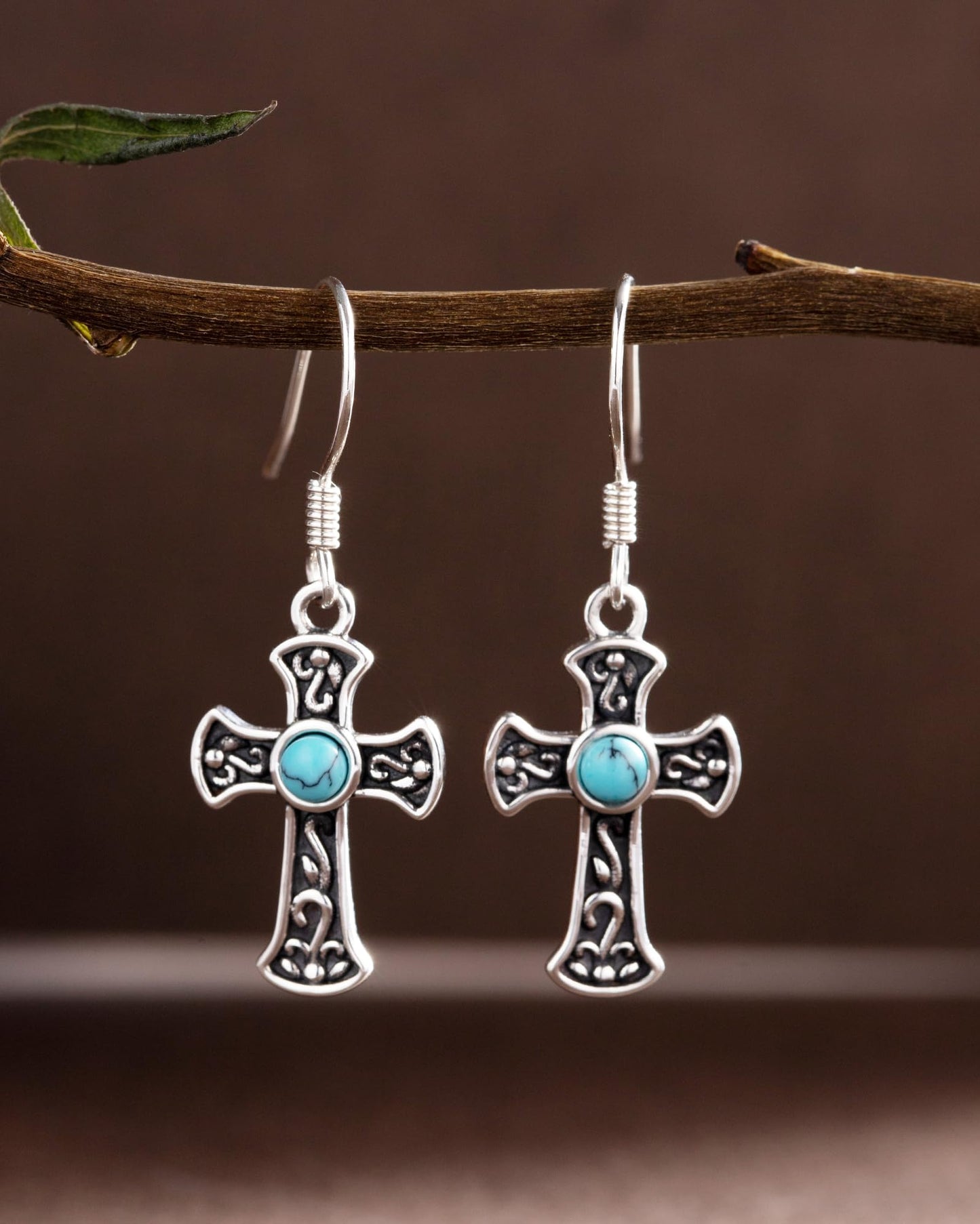 S925 Sterling Silver Turquoise Dragonfly Sunflower /Hummingbird/Butterfly/Cross/Anchor Earring Vintage Bohemian Jewelry Natural Drop/Stud Earrings Birthday Jewelry Gifts for Women (Cross Dangle Earrings)