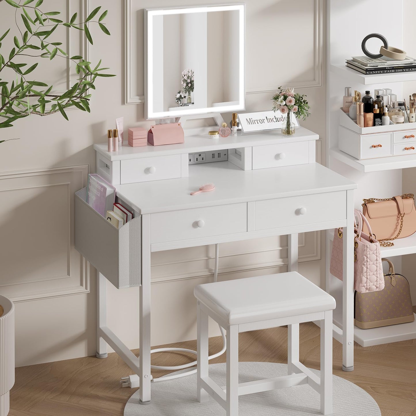 KAI-ROAD White Makeup Vanity Desk with Mirror and Lights, Vanity Set with Chair, Make Up Dresser Table with Drawers and Power Outlet for Girls Bedroom Small Space