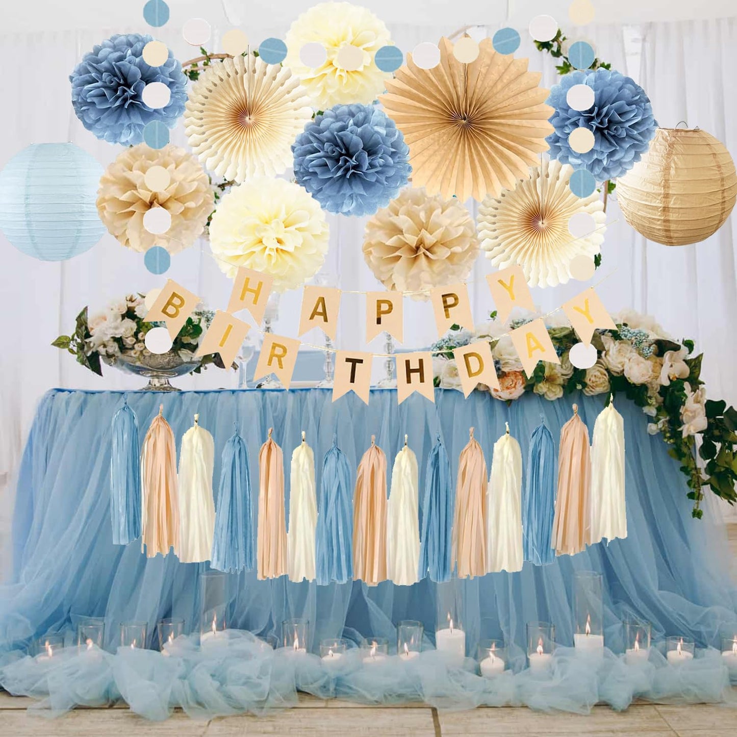 Dusty Blue Beige Champagne Birthday Decoration for Women Girl Boy Boho Neutral Happy Banner Tissue Pom Poms Paper Lanterns Fans Tassel Garlands Wedding Baby Shower Blue Birthday Party Decorations