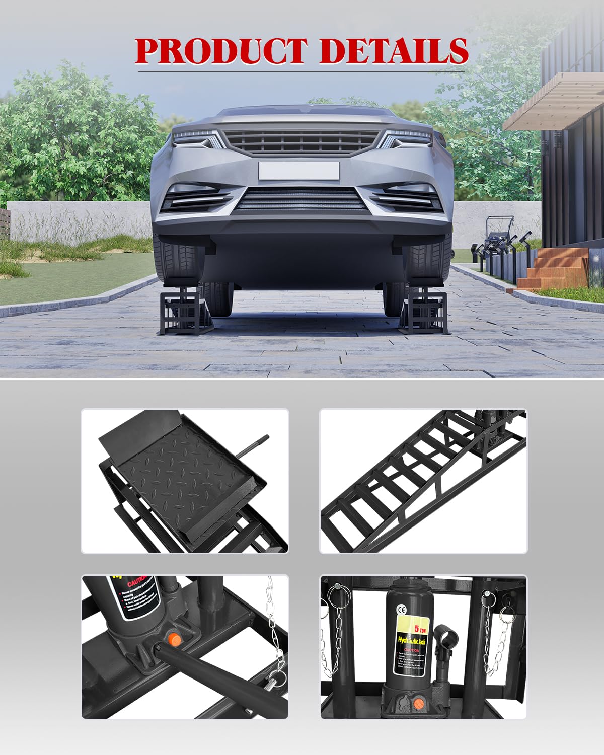 Hydraulic Car Ramps 5 T 11000 LBS, 2 Pack Heavy Duty Steel Car Ramps Lift Height 11.61 in-16.21 in, Low Profile Car Lift Service Ramps Truck Trailer Garage